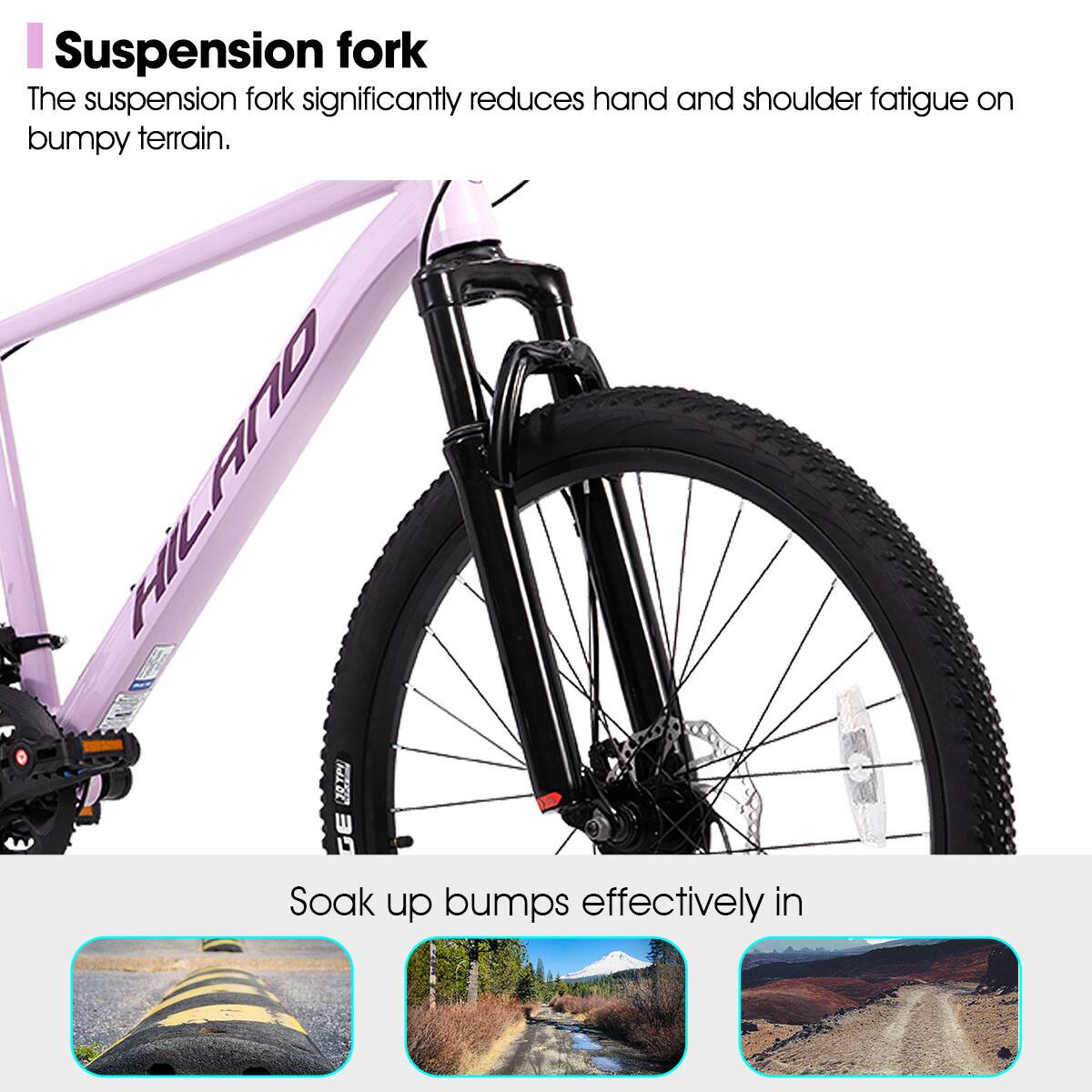 Suspension fork

The suspension fork significantly reduces hand and shoulder fatigue on bumpy terrain.

Soak up bumps effectively in