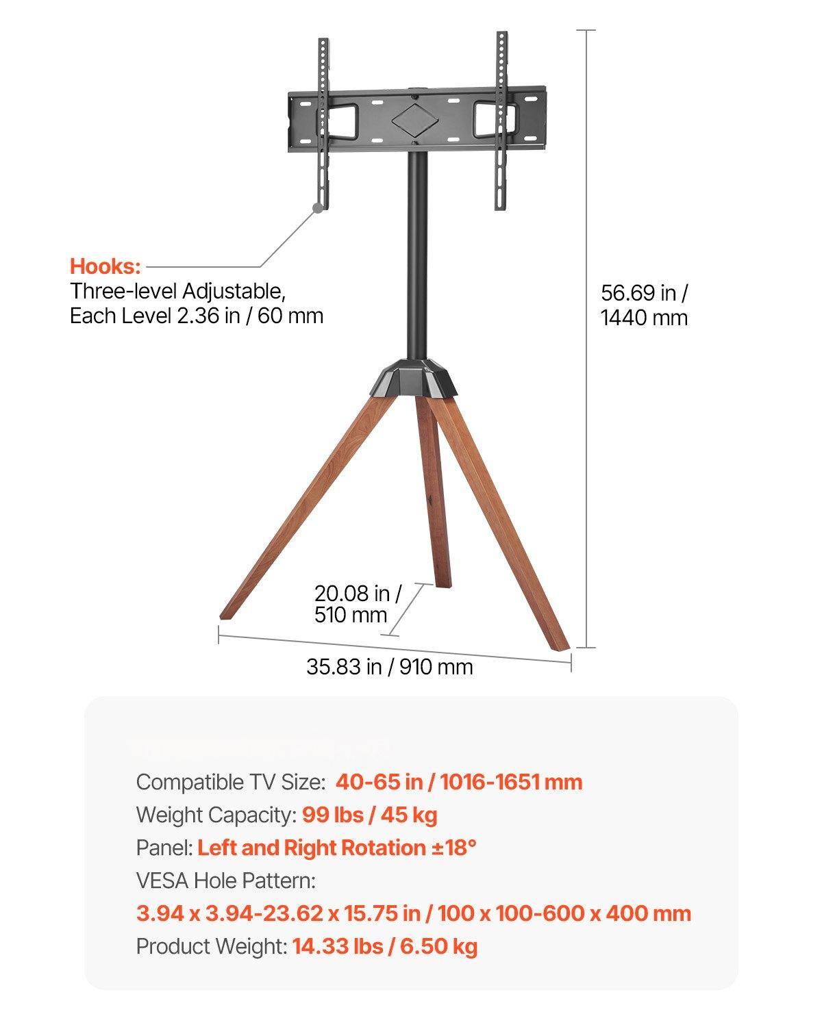 Hooks:  
- Three-level Adjustable  
- Each Level 2.36 in / 60 mm  

Dimensions:  
- 56.69 in / 1440 mm  
- 20.08 in / 510 mm  
- 35.83 in / 910 mm  

Compatible TV Size:  
- 40-65 in / 1016-1651 mm  

Weight Capacity:  
- 99 lbs / 45 kg  

Panel:  
- Left and Right Rotation ±18°  

VESA Hole Pattern:  
- 3.94 x 3.94-23.62 x 15.75 in / 100 x 100-600 x 400 mm  

Product Weight:  
- 14.33 lbs / 6.50 kg