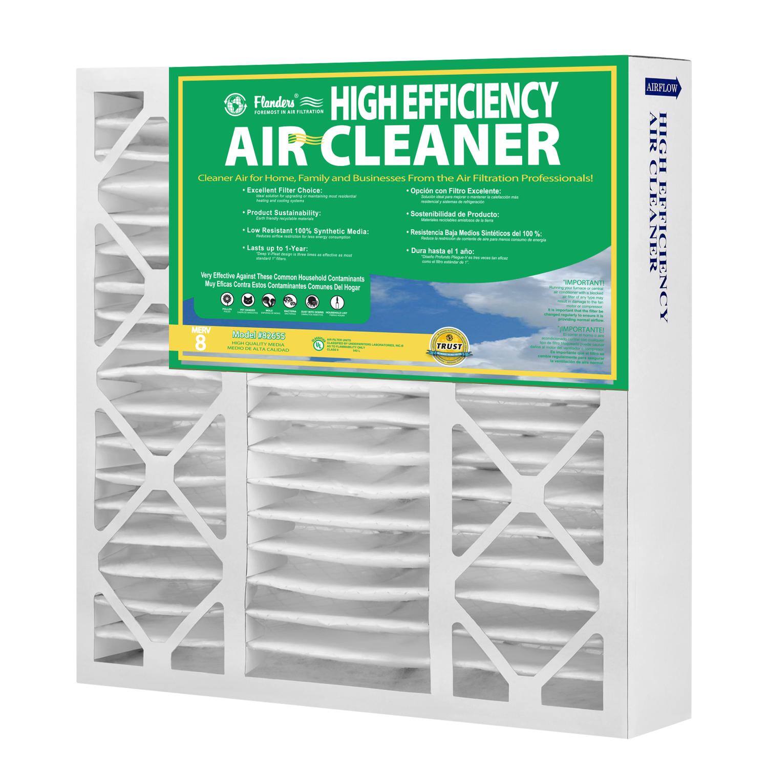 **Flanders OEU - High Efficiency Air Cleaner**

**Cleaner Air for Home, Family and Businesses From the Air Filtration Professionals!**

- **Excellent Filter Choice:** Opcin en Filtro Excelente
- **Product Sustainability:** Sostenibilidad de Producto
- **Low Resistance 100% Synthetic Media:** Resistencia Baja Medios Sintticos del 100 %
- **Lasts up to 1-Year:** Dura hasta 1 ao
- **Very Effective Against These Common Household Contaminants:** Muy Efcas Contra Estos Contaminantes Comunes Del Hogar

**IMPORTANT!**

**Model 082655**

**8**

**HIGH QUALITY MEDIA**

**TRUST AIRFLOW**

**AIR CLEANER EFFICIENCY**
