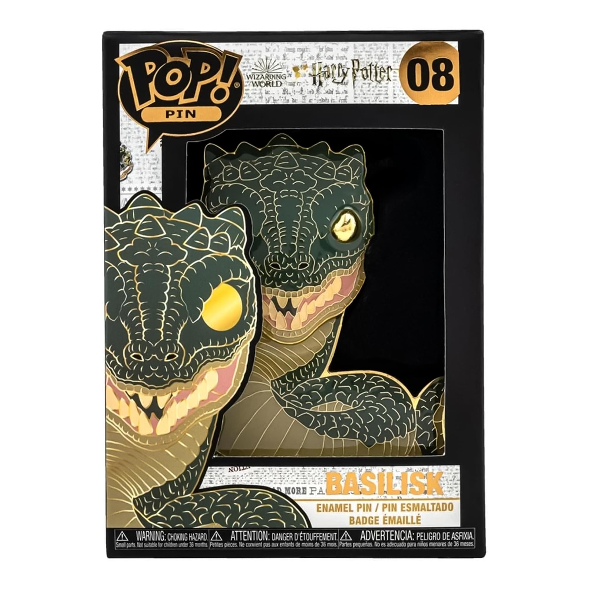 **POP! WIZARDING WORLD Harry Potter 08**

**BASILISK**

**ENAMEL PIN / PIN ESMALTADO / BADGE EMAILLE**

**WARNING: CHOKING HAZARD - ATTENTION: DANGER - ADVERTENCIA: PELIGRO DE ASFIXIA**

Small parts. Not for children under 3 years. / Pièces petites. Ne convient pas aux enfants de moins de 3 ans. / Partes pequeñas. No es adecuado para niños menores de 36 meses.