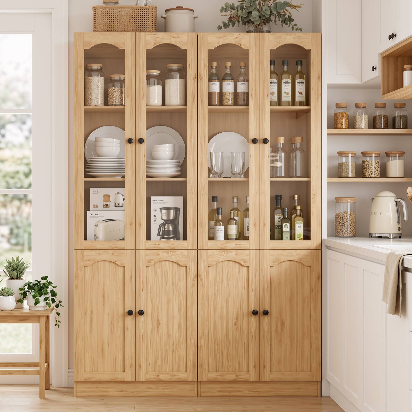Alt View 4. Aheaplus - 80'' Tall Pantry Cabinet with 4 Doors and Adjustable Shelves - Nature Oak.