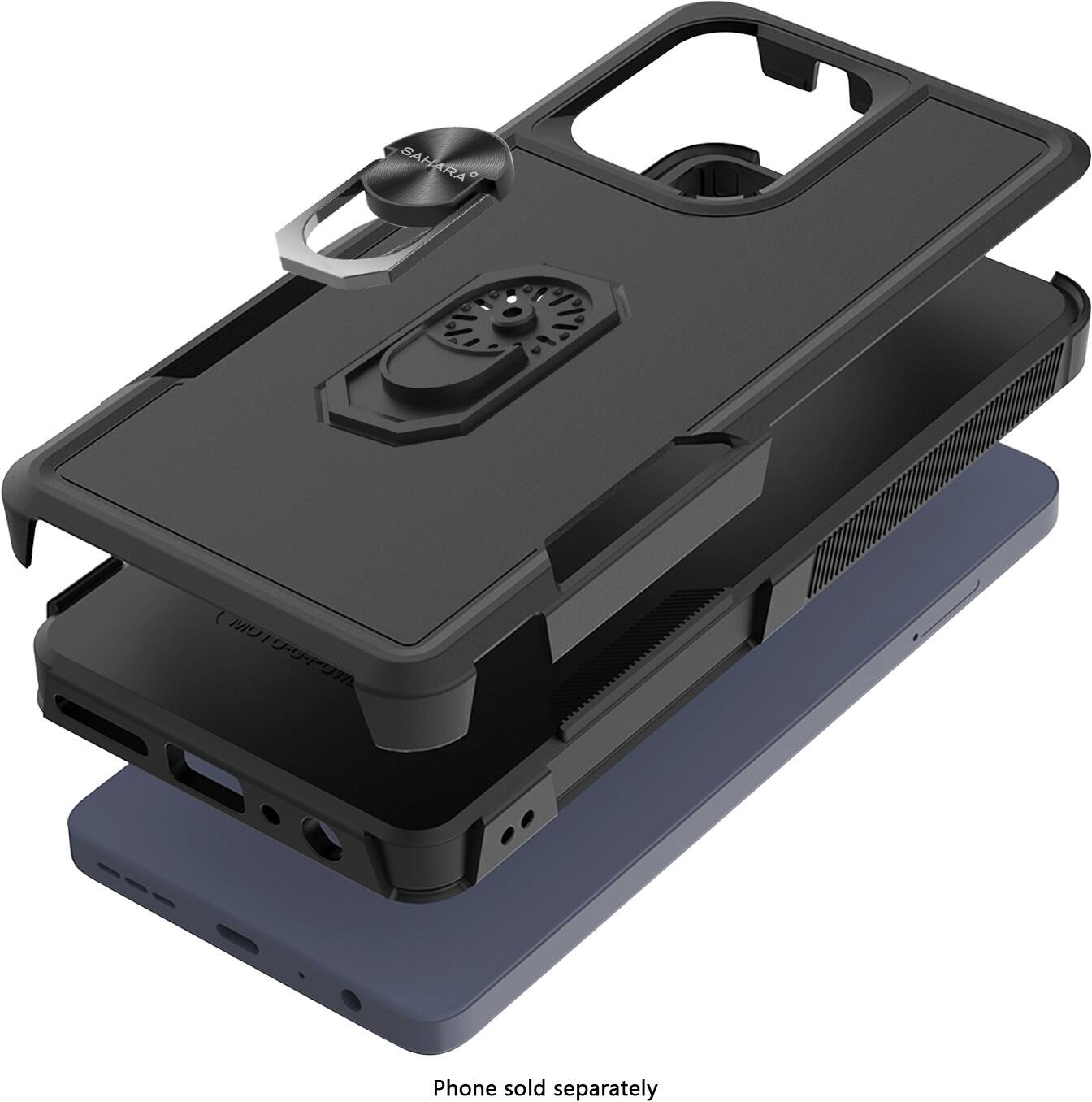 The image features a black phone case with a fan on top. The case is designed to protect the phone from damage and keep it cool. The phone is not included in the case, and it must be purchased separately. The case is available in a variety of colors, including black, blue, and gray.