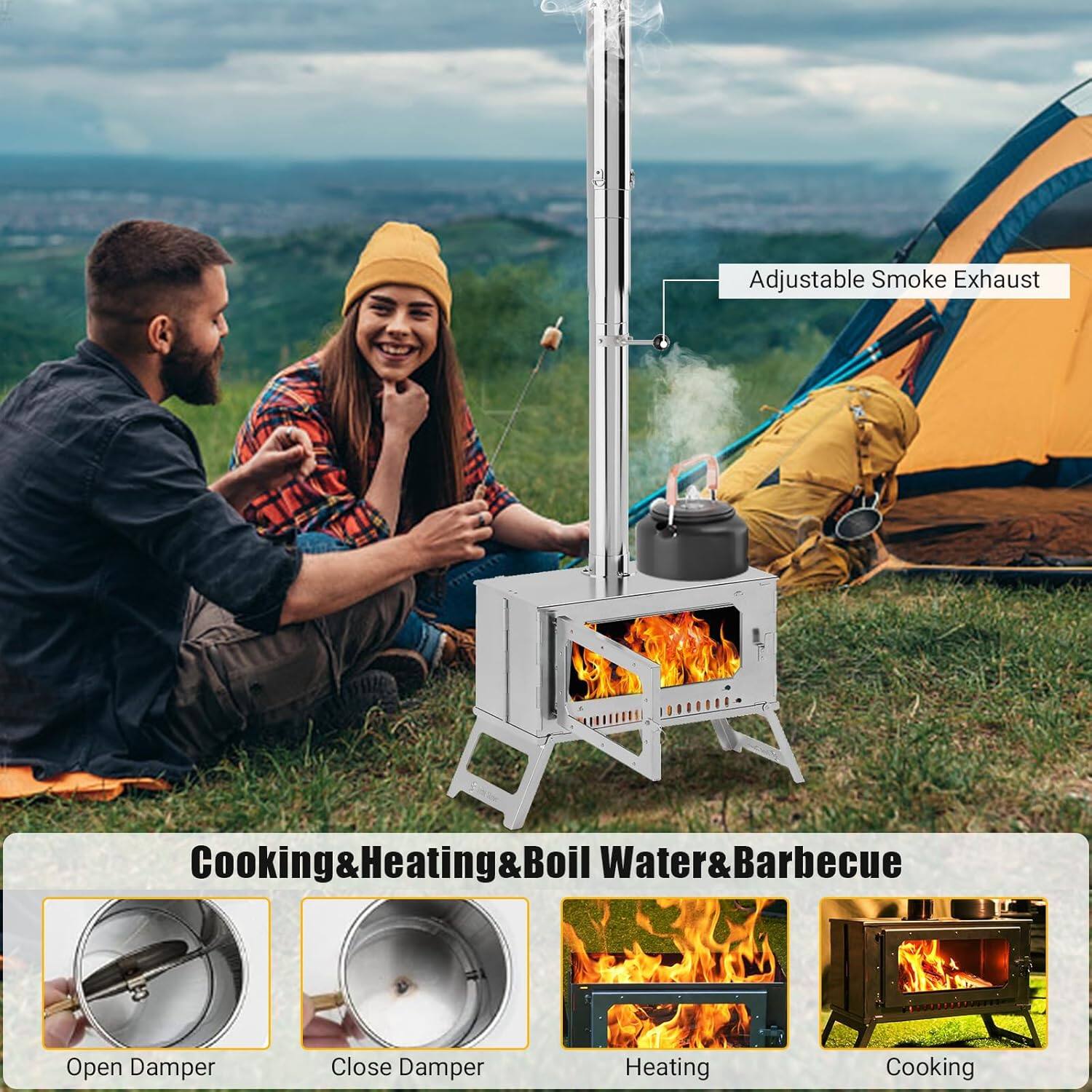 Adjustable Smoke Exhaust

Cooking & Heating & Boil Water & Barbecue

Open Damper

Close Damper

Heating

Cooking