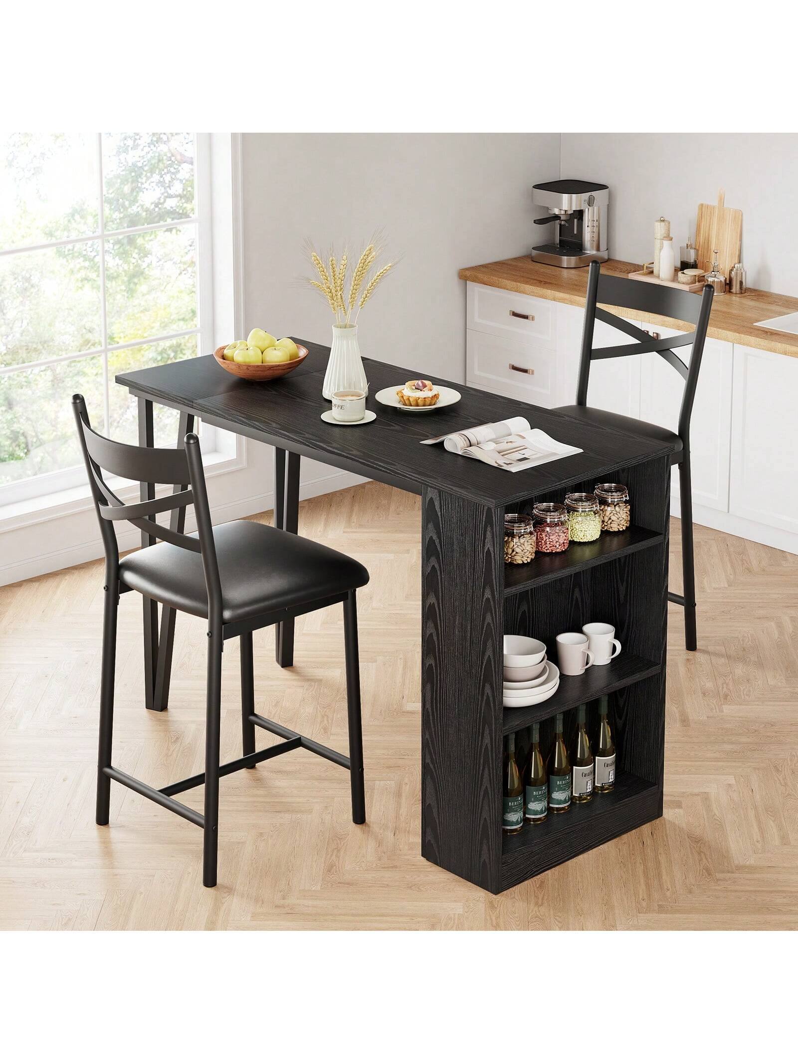 Alt View 1. Acekool - Kitchen Table 3Piece 36in Wooden Counter Height Dining Table Set for Dining Room, Home Office, Living Room - Black.