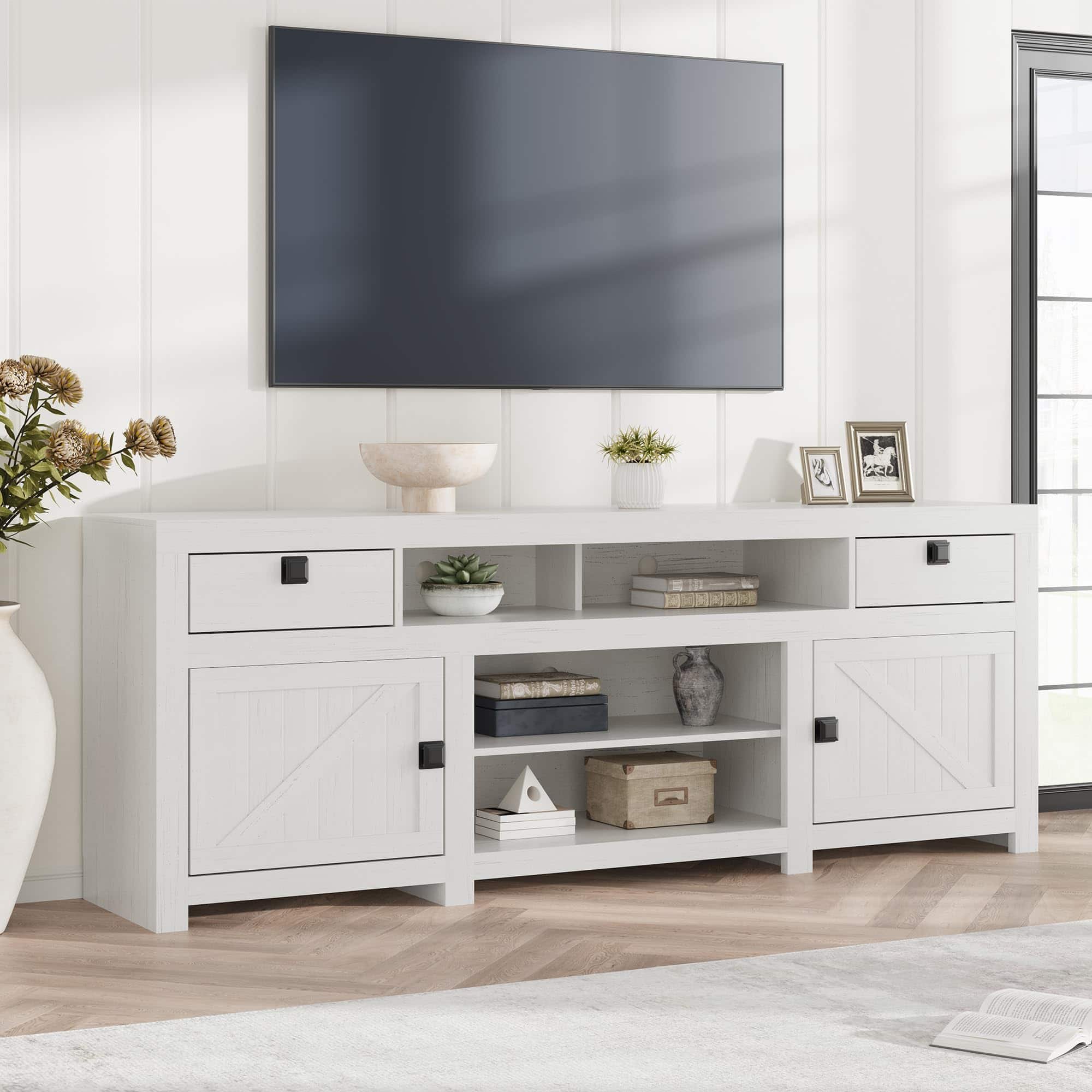 Qeetex - 70 Inch Farmhouse TV Stand for 80 Inch TV, Long Entertainment Center with 4 Cabinets & 3 Open Shelves - White