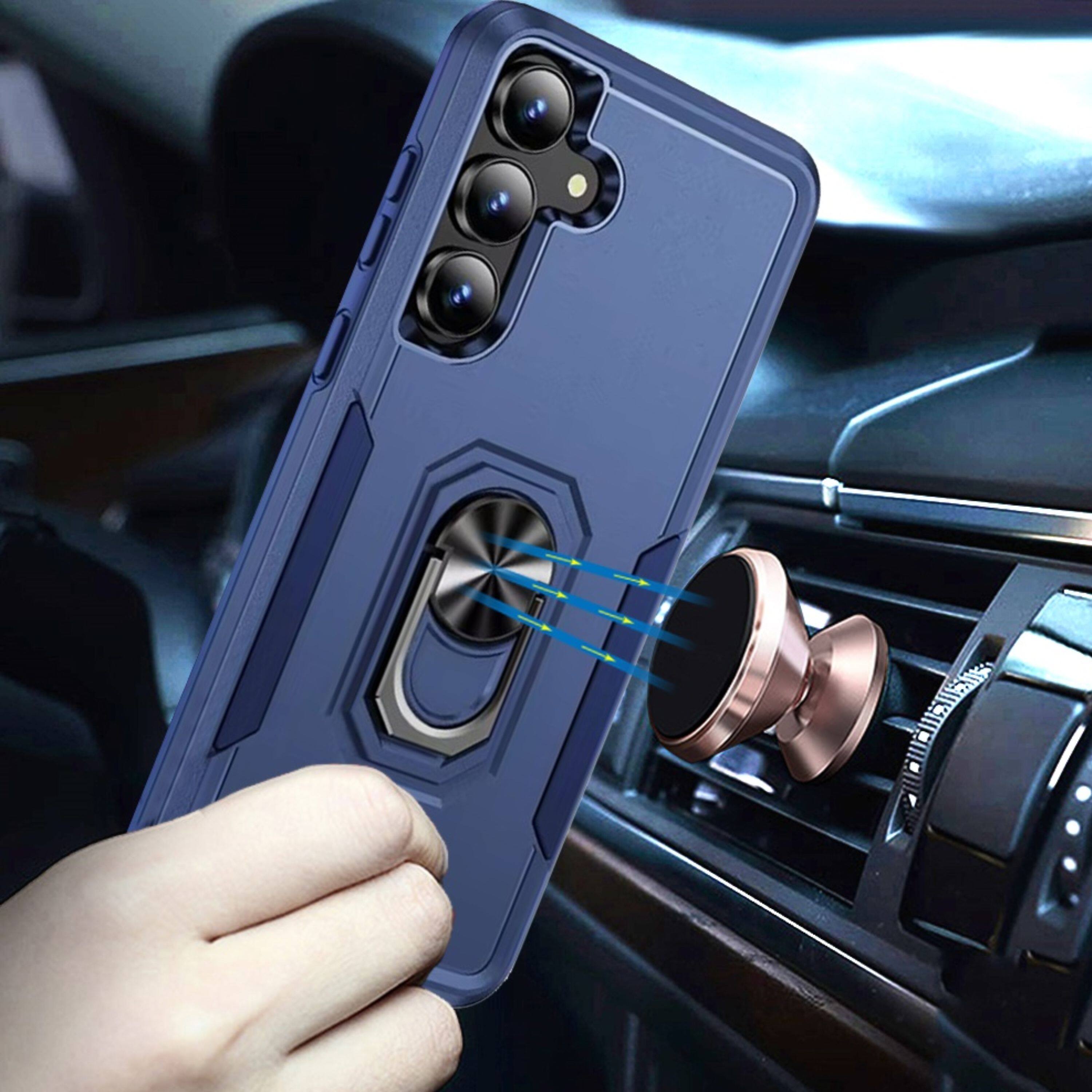 Left. Kitcheniva - Fused Rugged Case With Metal Ring Stand And Tempered Glass For Samsung Galaxy A37 Dark Blue - Dark Blue.