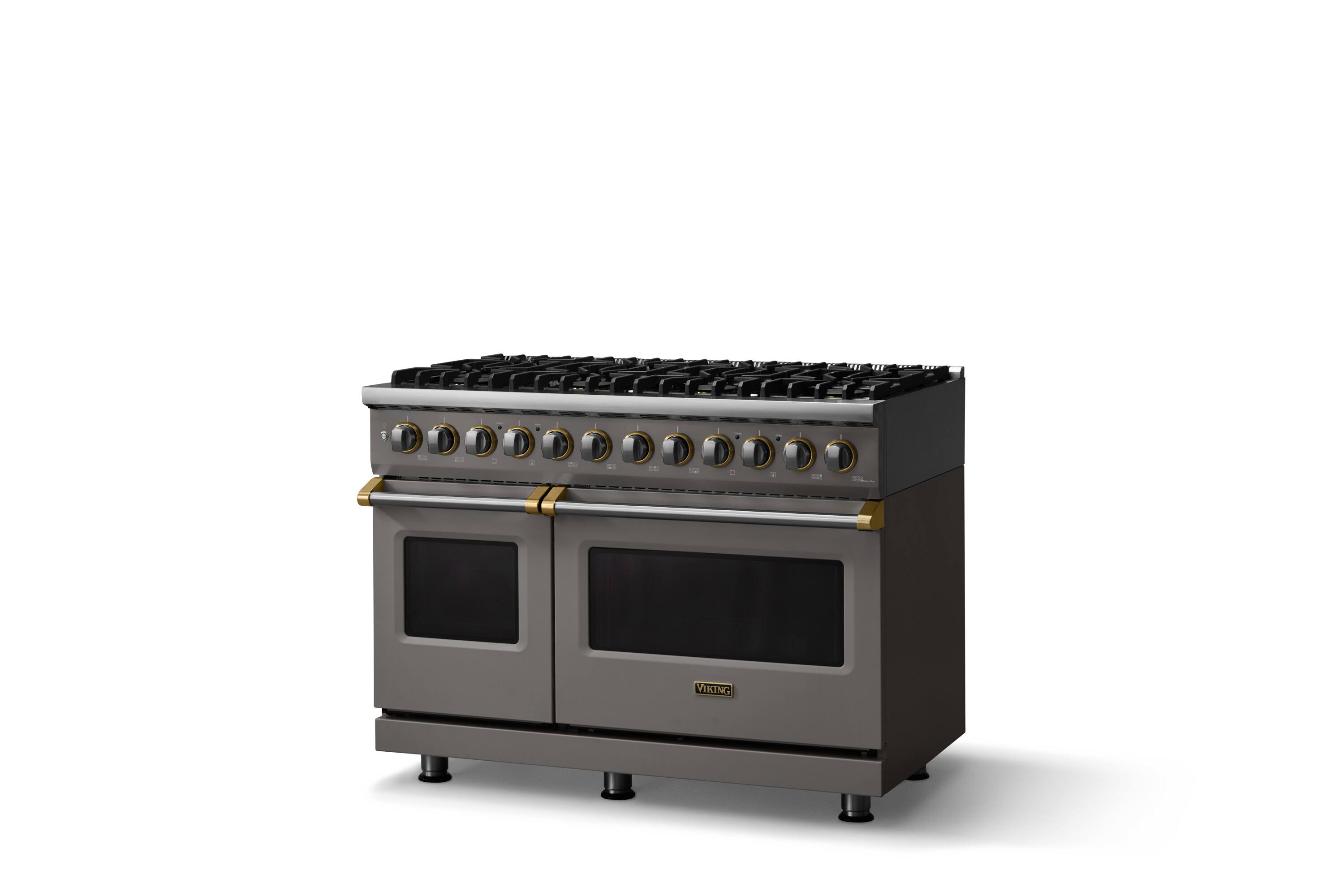 Angle. Viking - Pro 5 Series 7.3Cu. Ft. Freestanding Sealed 8 Burner DF Convection Range/Griddle - Damascus Gray w. Brushed Brass Trim - Damascus Gray.