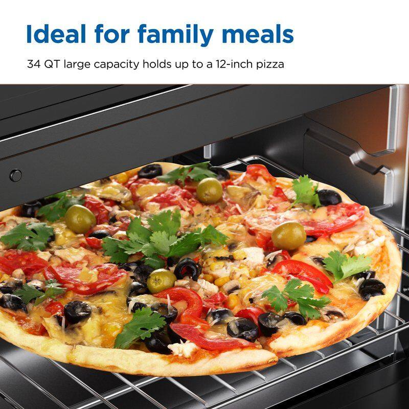 Ideal for family meals  
34 QT large capacity holds up to a 12-inch pizza
