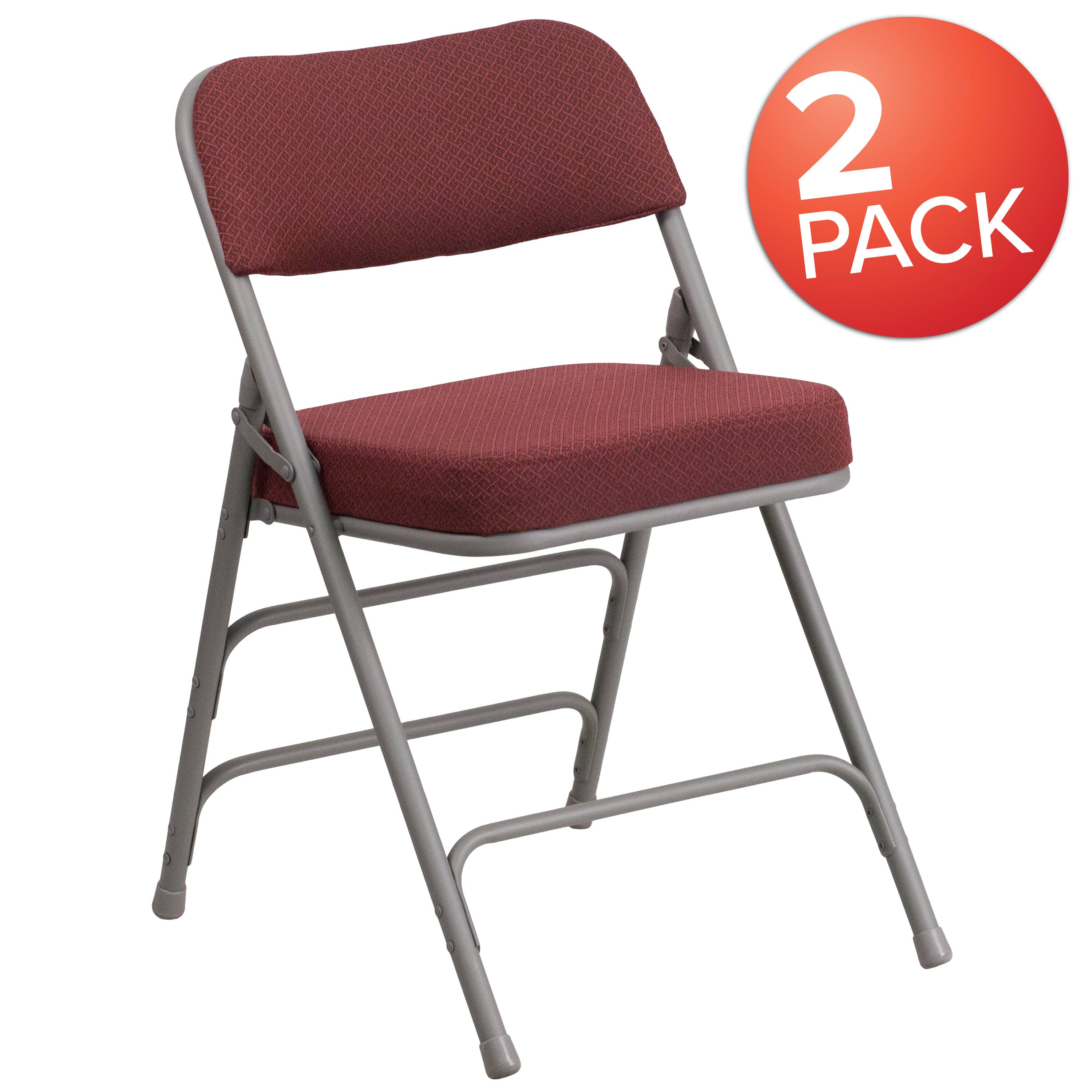 Alt View 1. Emma + Oliver - 2 Pack Premium Curved Triple Braced & Hinged Fabric Upholstered Metal Folding Chair - Burgundy.
