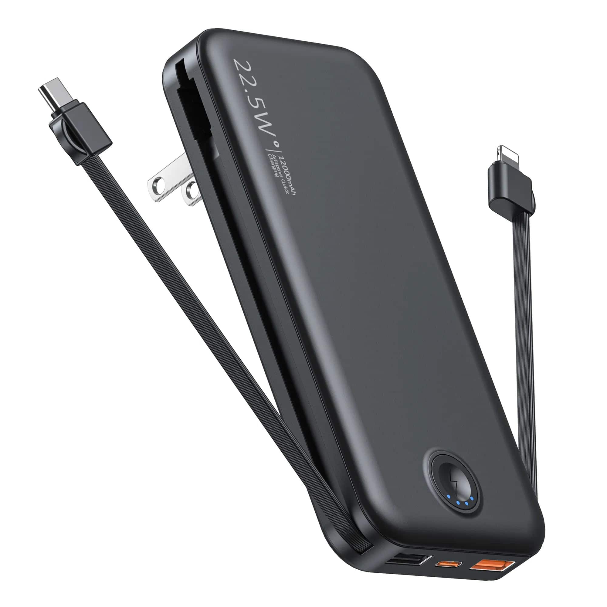 BEARSOLIM - 12000mAh Portable Power Bank with Built in Cables Mobile Phone Portable Charger Power Phone Charger Backup Battery,in Bl