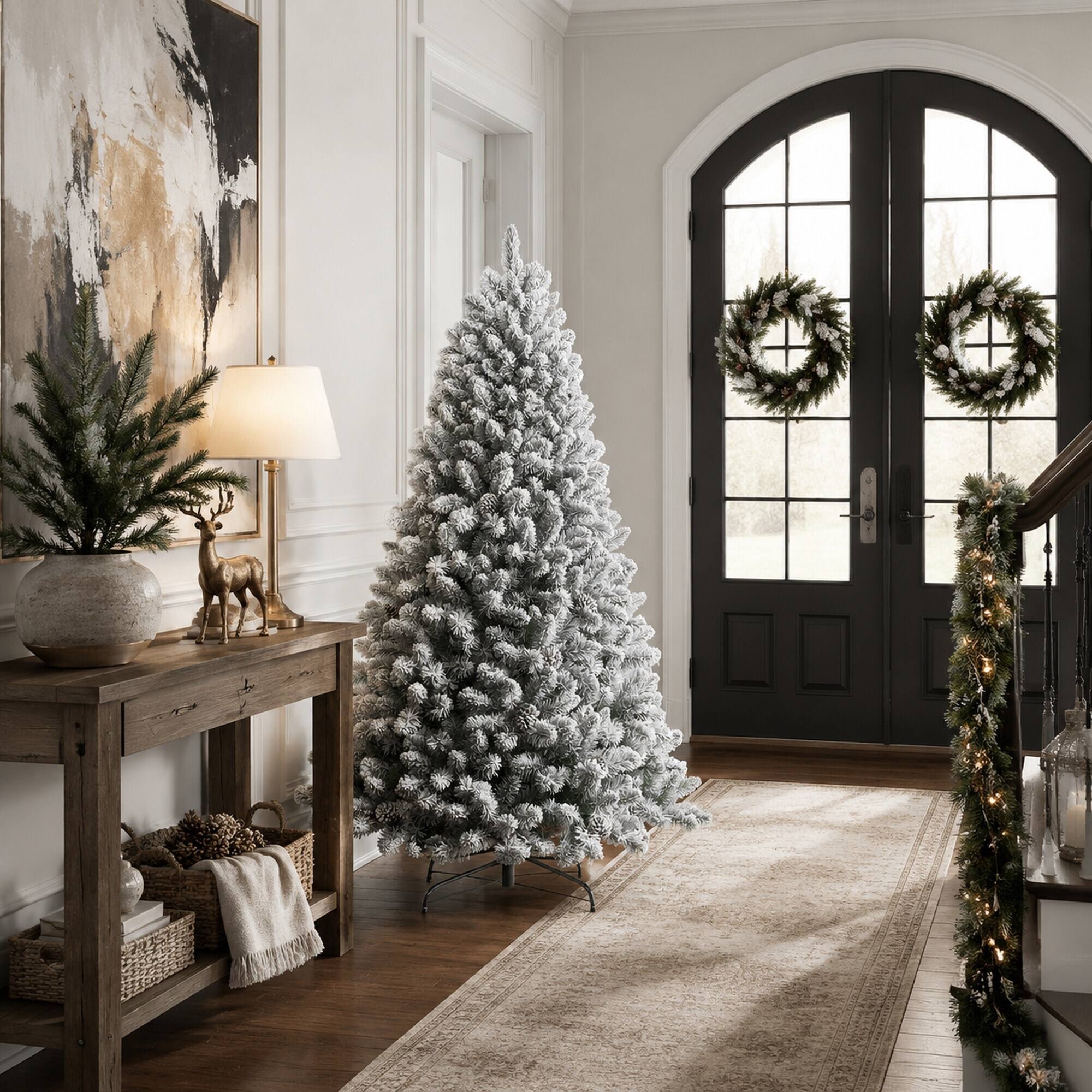 Alt View 2. RYHNUYNE - 5FT Flocked Christmas Tree With Pine Cones, 600 Snowy PVC Tips 27 Natural Pinecones Full Shape Sturdy Metal Stand - Green,White.