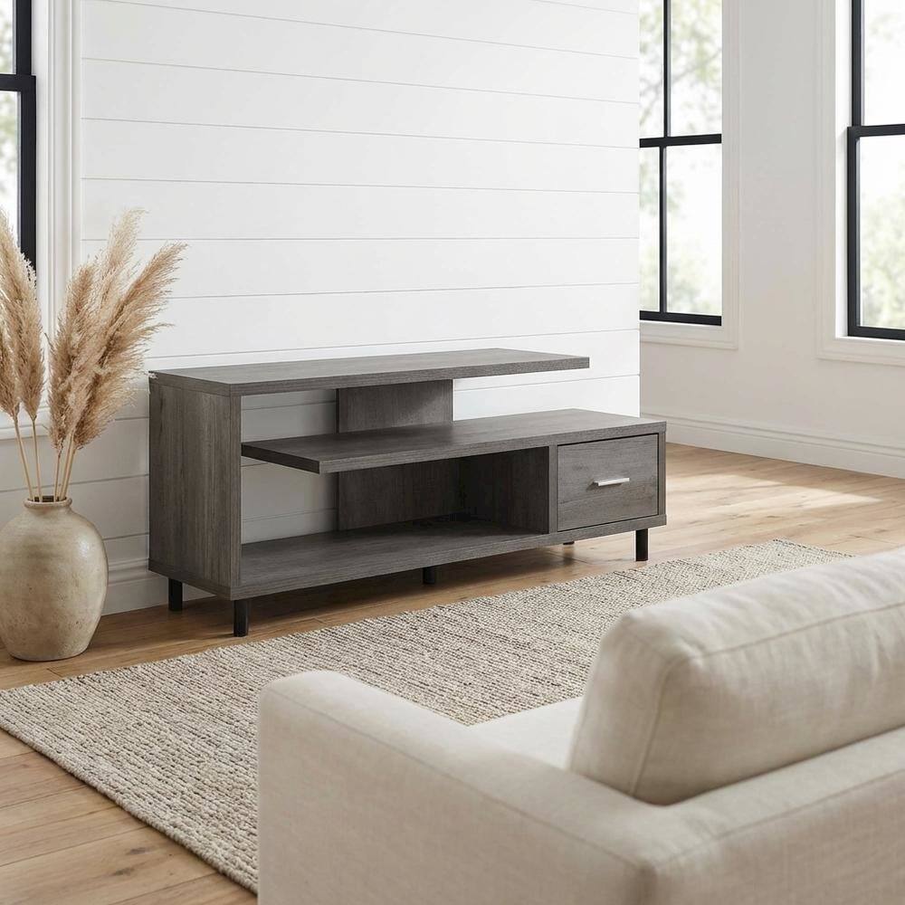 Alt View 1. FurniFact - Gray TV stand with 1 drawer and shelves for 65-inch TVs, modern style - Gray.