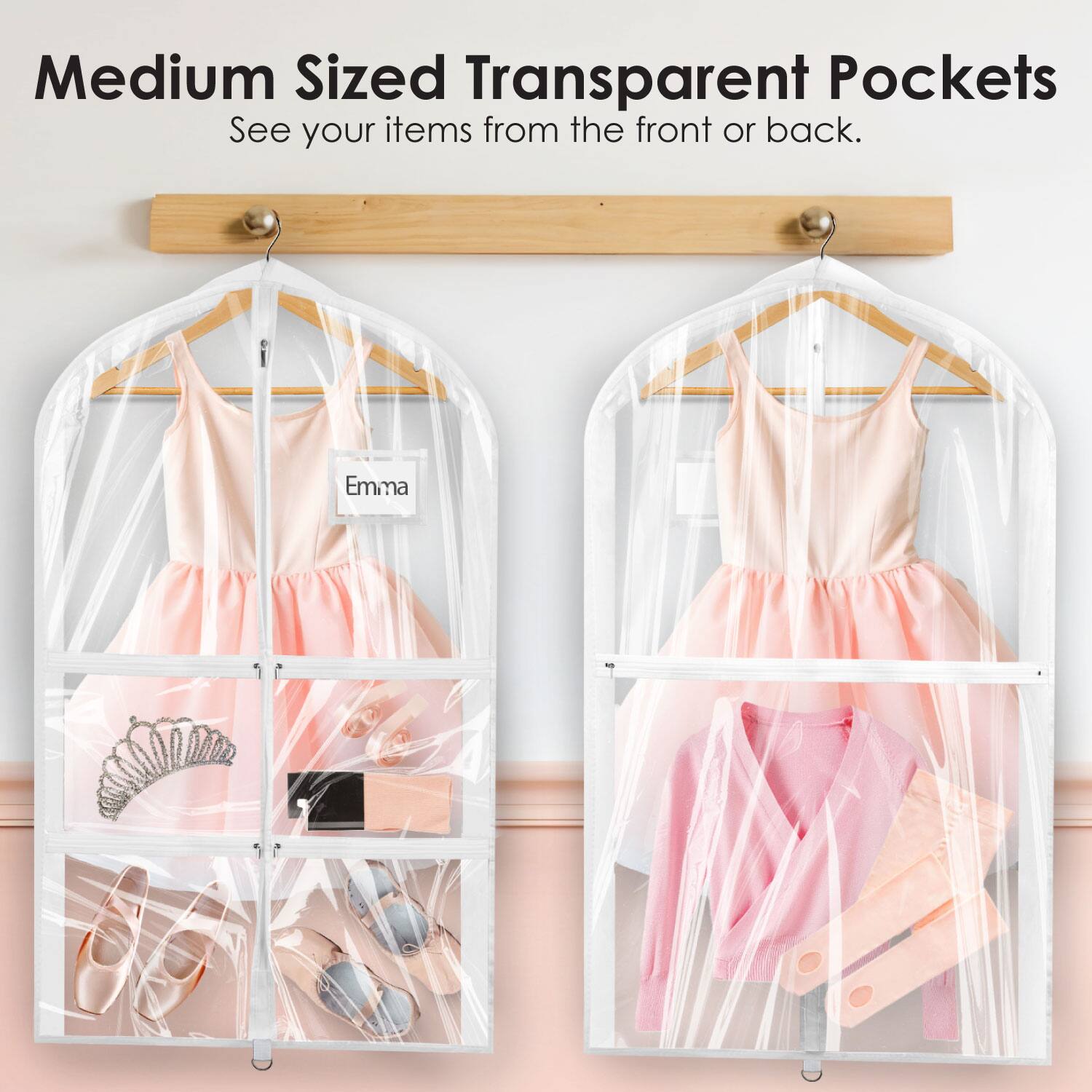 Medium Sized Transparent Pockets  
See your items from the front or back.  

Emma