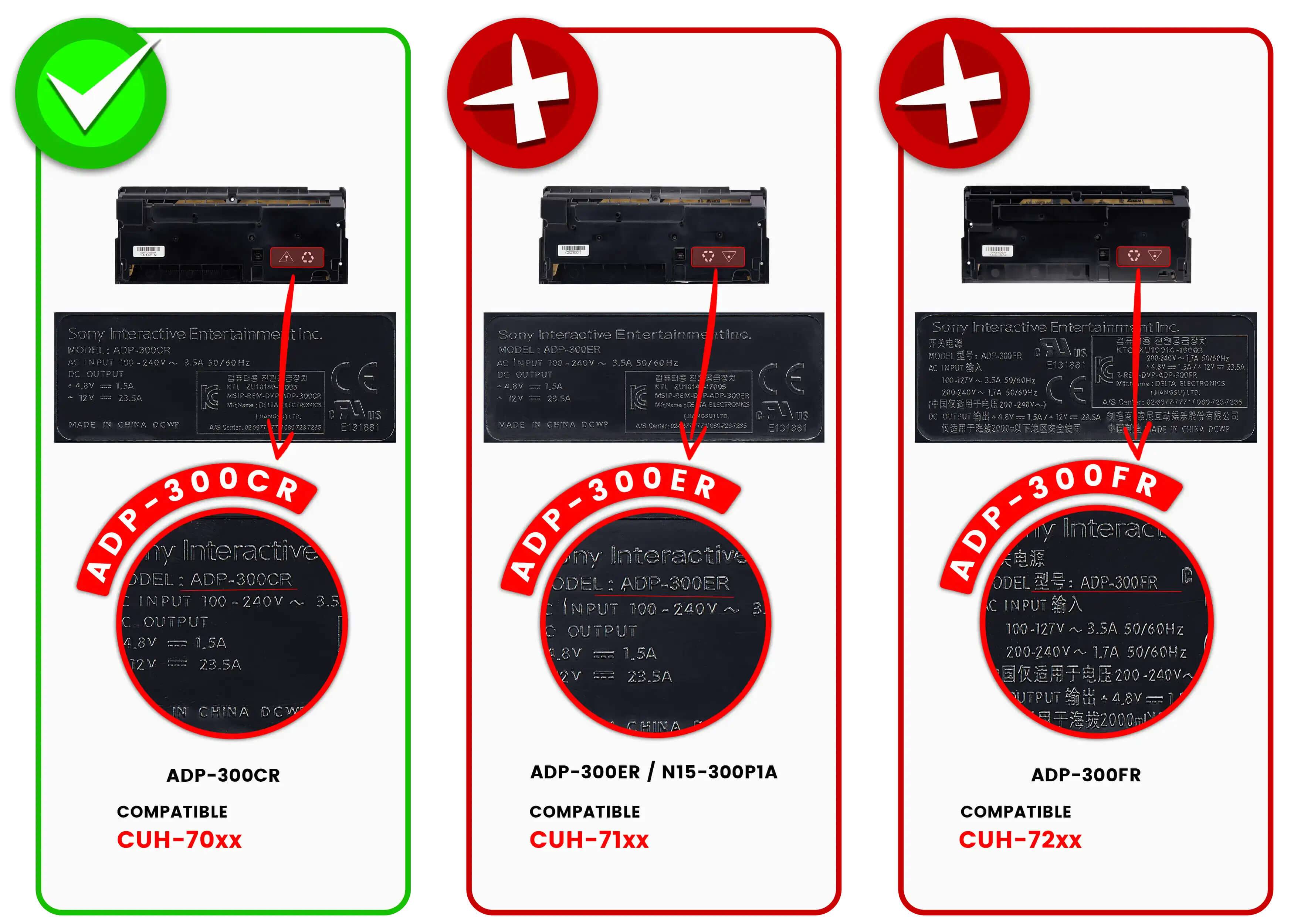Sure, here is the corrected and grouped text from the image:

---

**ADP-300CR**

- Sony Interactive Entertainment Inc.
- MODEL: ADP-300CR
- AC INPUT: 100 - 240V ~ 3.5A 50/60Hz
- DC OUTPUT: 4.8V 1.5A 12V 23.5A
- MADE IN CHINA DCWP
- CE
- E131881
- 300CR
- ADP-300CR
- COMPATIBLE
- CUH-70xx

---

**ADP-300ER**

- Sony Interactive Entertainment Inc.
- MODEL: ADP-300ER
- AC INPUT: 100 - 240V ~ 3.5A 50/60Hz
- DC OUTPUT: 4.8V 1.5A 12V 23.5A
- MADE IN CHINA DCWP
- CE
- E131881
- 300ER
- ADP-300