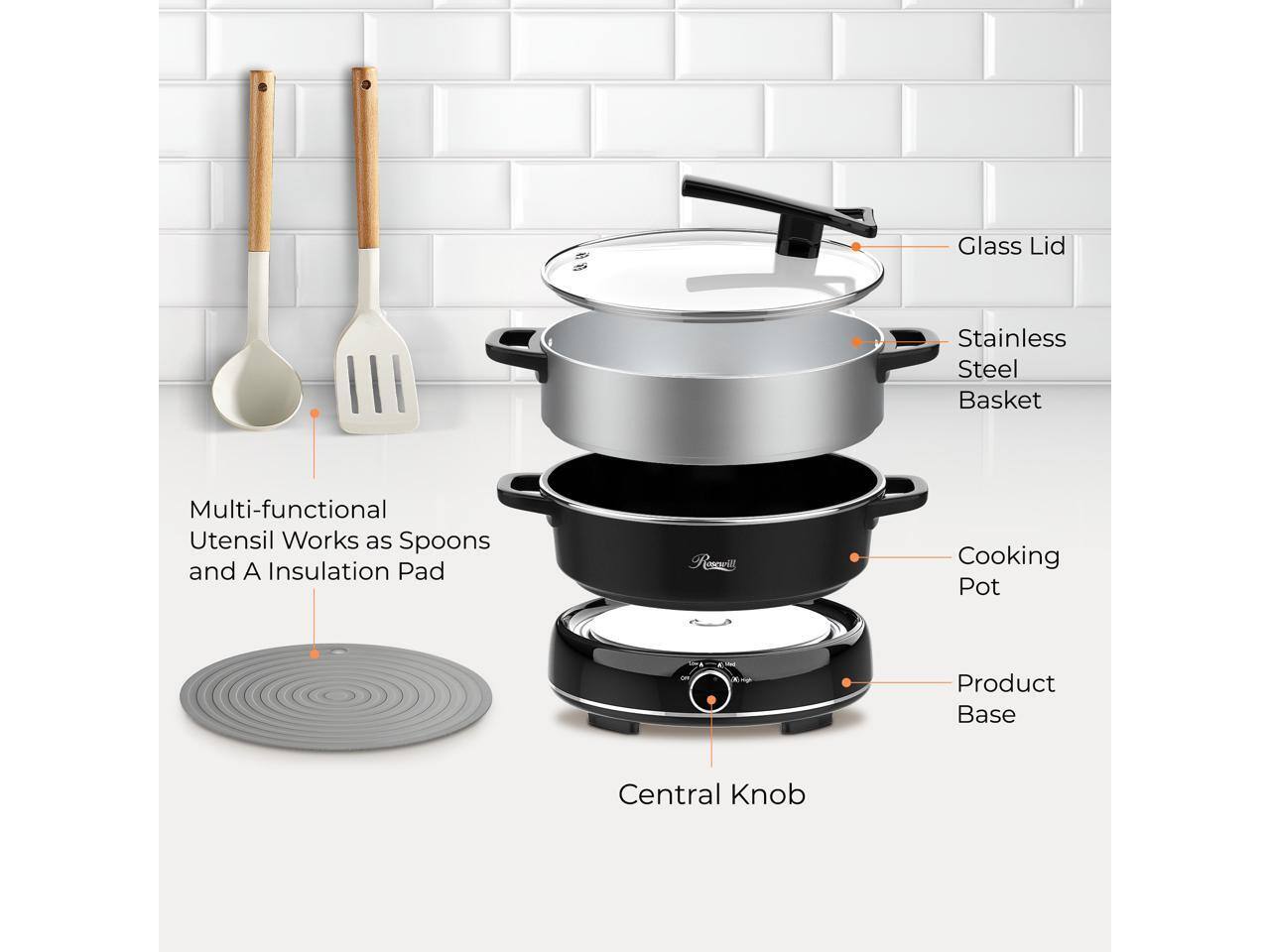 Glass Lid  
Stainless Steel Basket  
Multi-functional Utensil Works as Spoons and A Insulation Pad  
Cooking Pot  
Product Base  
Central Knob