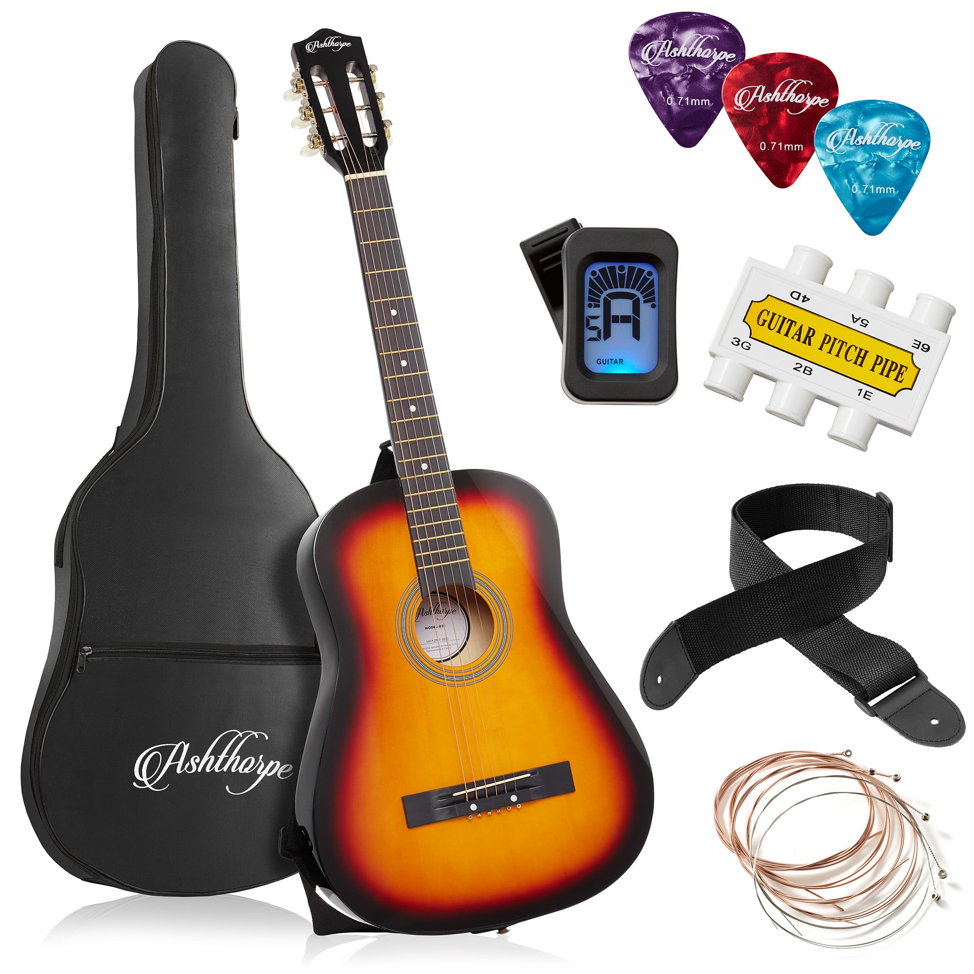 Ashthorpe - Beginner Acoustic Guitar Package - Starter Kit - Sunburst