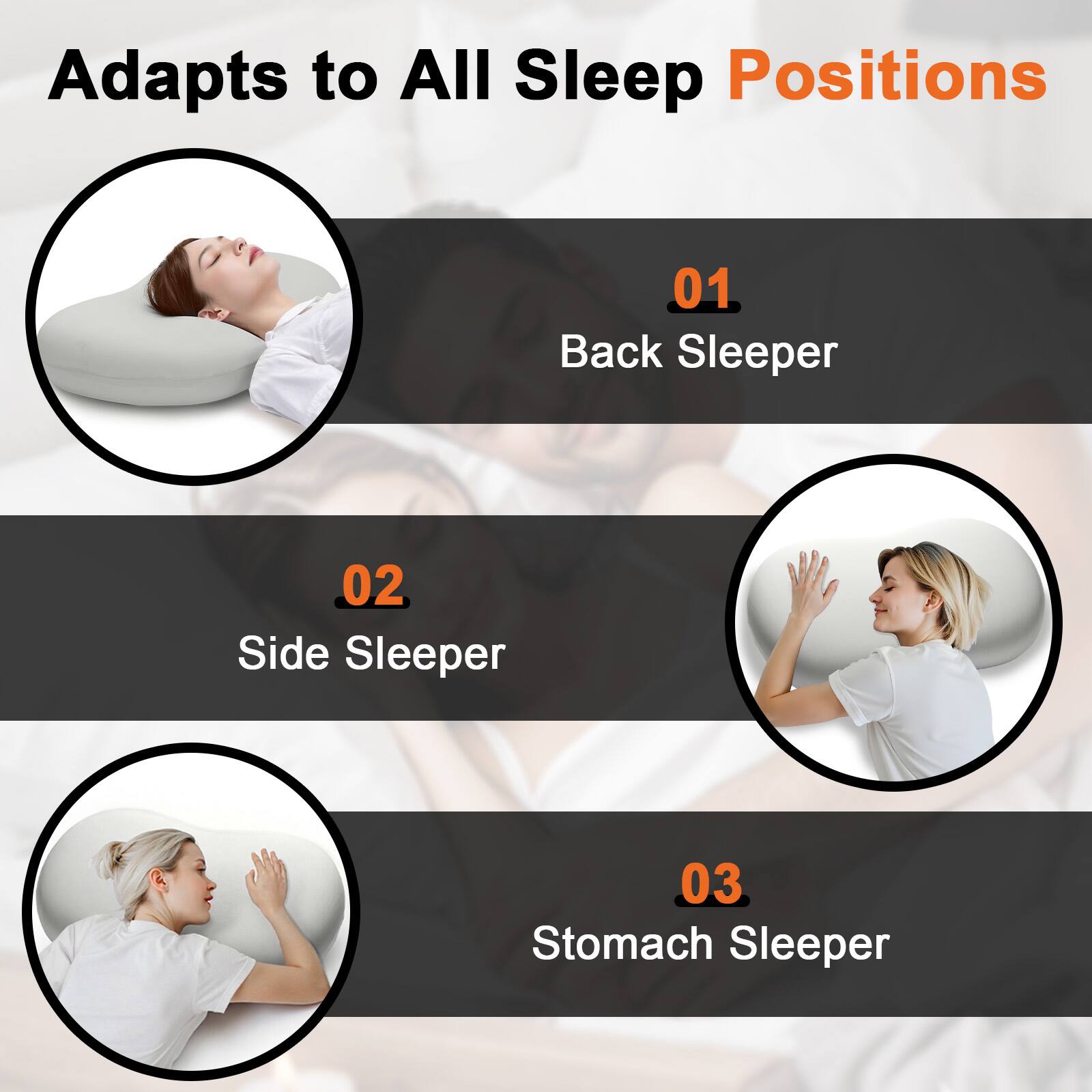 Adapts to All Sleep Positions

01 Back Sleeper

02 Side Sleeper

03 Stomach Sleeper