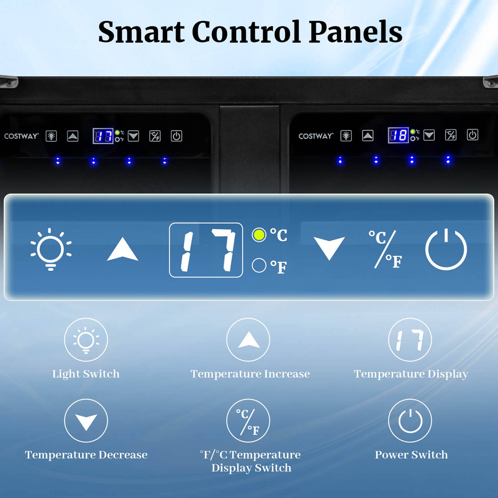 Smart Control Panels Costway 17°C 17°F 7°C 7°F Light Switch Temperature Increase Temperature Decrease C°F F/C Temperature Display Switch Power Switch