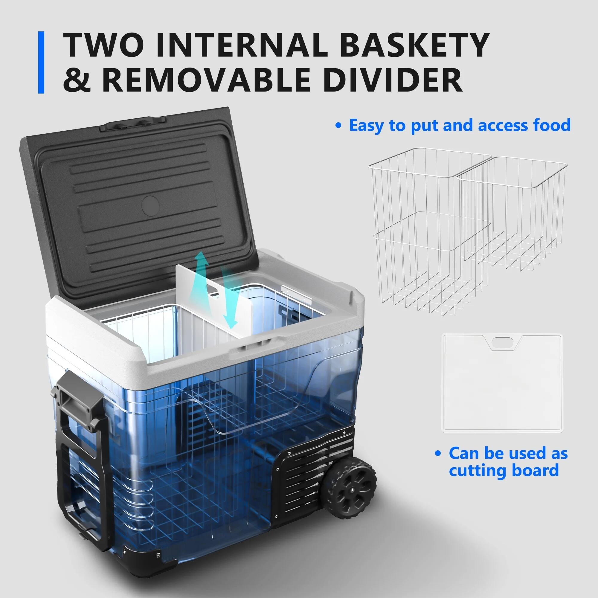 TWO INTERNAL BASKETY & REMOVABLE DIVIDER

- Easy to put and access food

- Can be used as cutting board