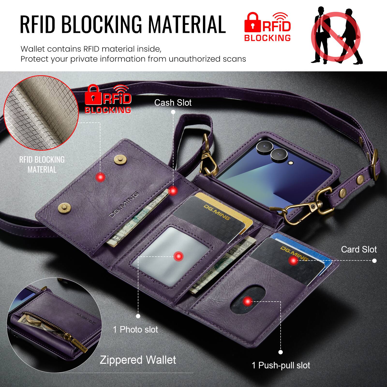 RFID BLOCKING MATERIAL

Wallet contains RFID material inside, Protect your private information from unauthorized scans

RFID BLOCKING

Cash Slot

RFID BLOCKING MATERIAL

Card Slot

1 Photo slot

Zippered Wallet

1 Push-pull slot