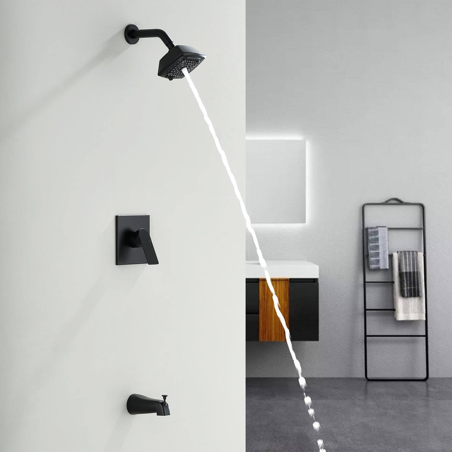 Alt View 3. Boyel Living - Black Brass Shower Faucet Set Pressure Balance Valve 5-Function ABS Top Spray Lift-Up Spout 1/2NPT Thread - Matte Black.