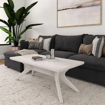 Front. Plank+Beam - Cross Leg Rectangular Coffee Table (48in x 24in / 1220mm x 610mm), White Sand Wirebrush - White Sand Wirebrush.