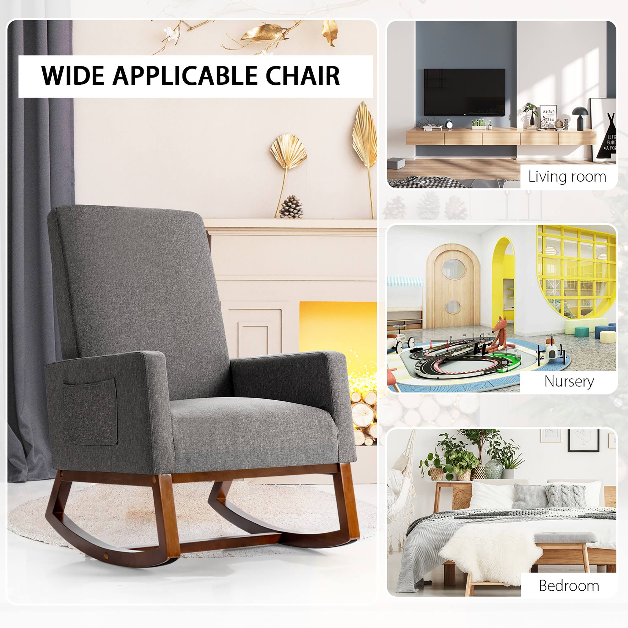 Wide Applicable Chair: A versatile chair suitable for various living spaces, including living room, nursery, and bedroom.