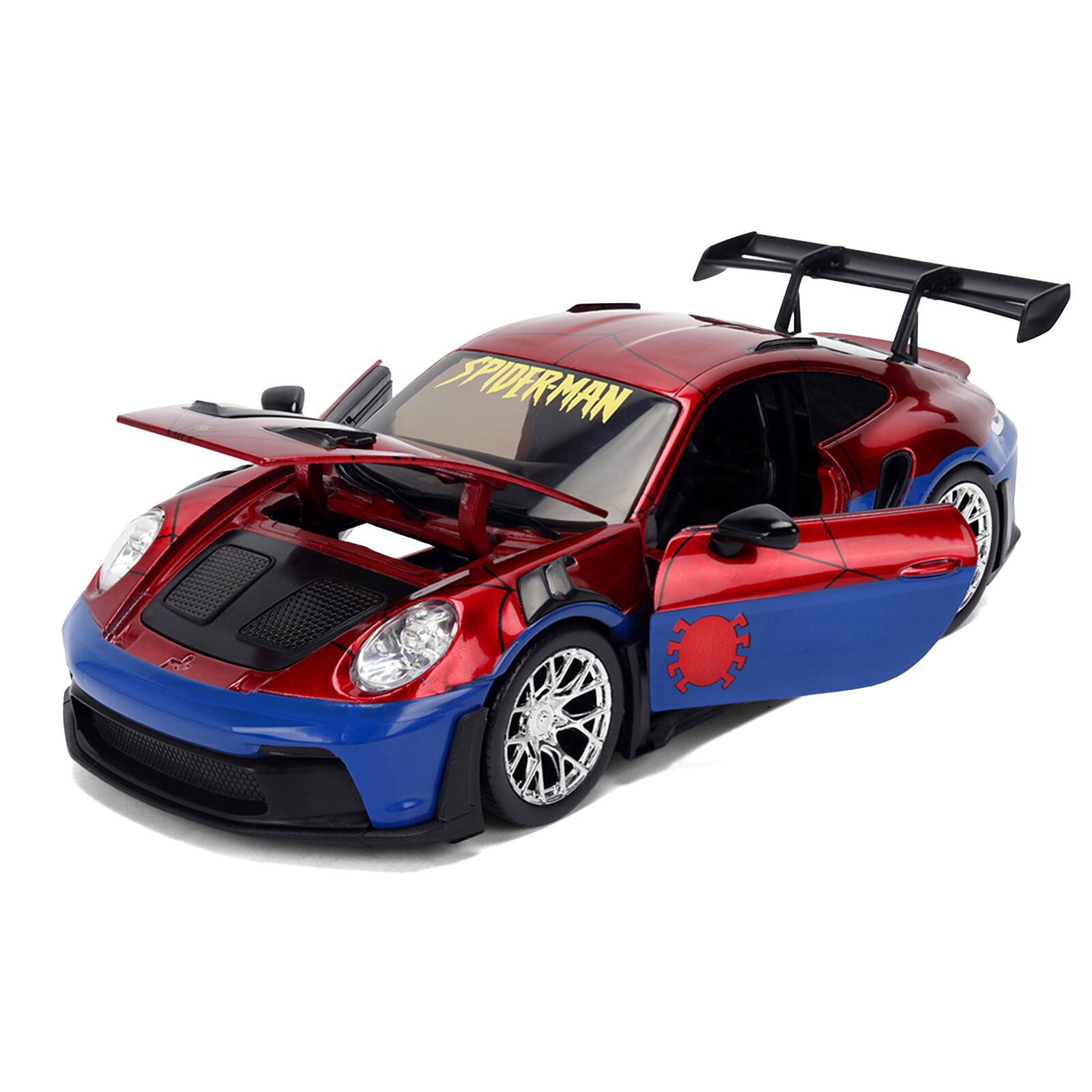 Alt View 2. Jada - Porsche 911 GT3 RS (992) Red and Blue with Graphics and Figure "Marvel Spider-Man" 1/24 Diecast Model Car by Jada.