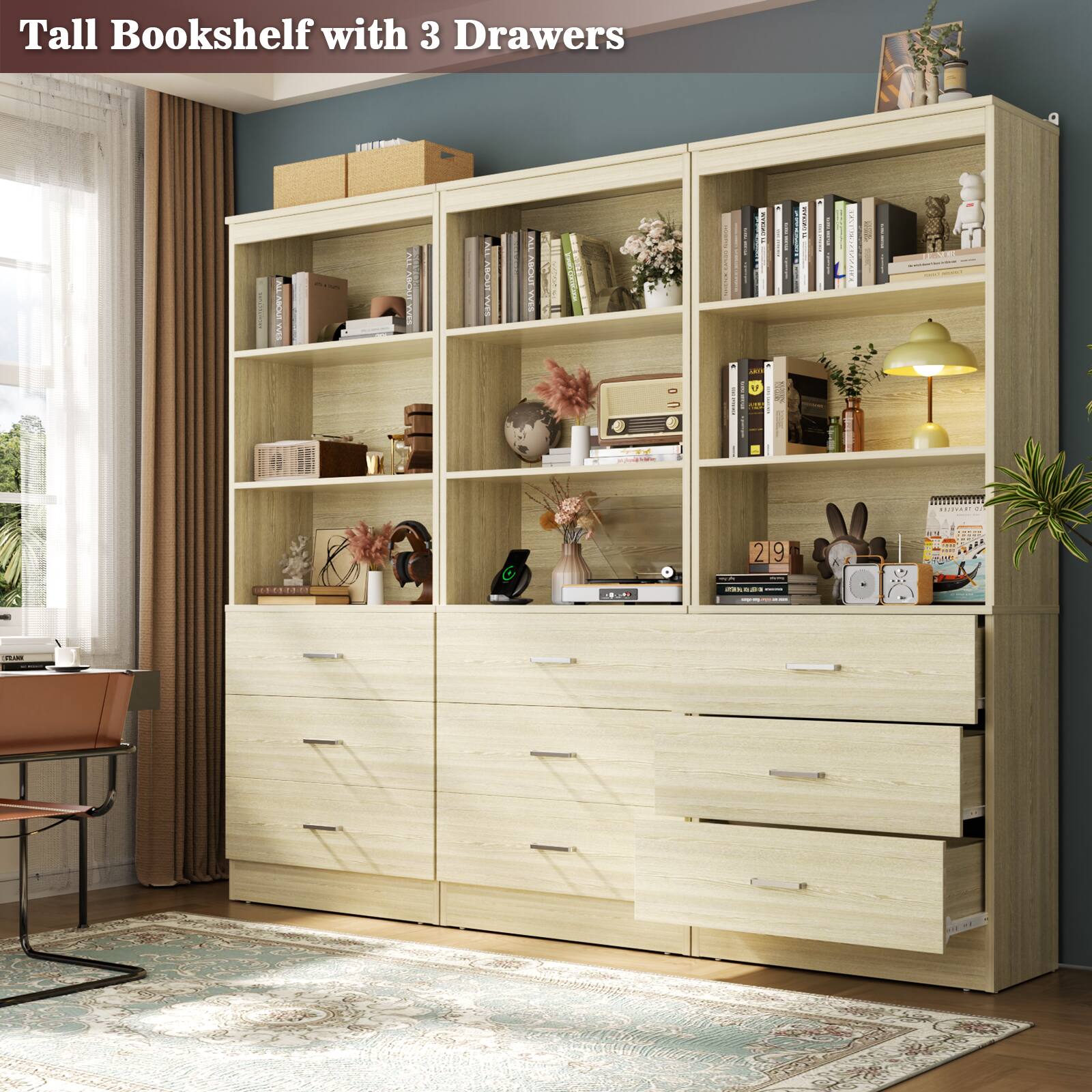 Tall Bookshelf with 3 Drawers