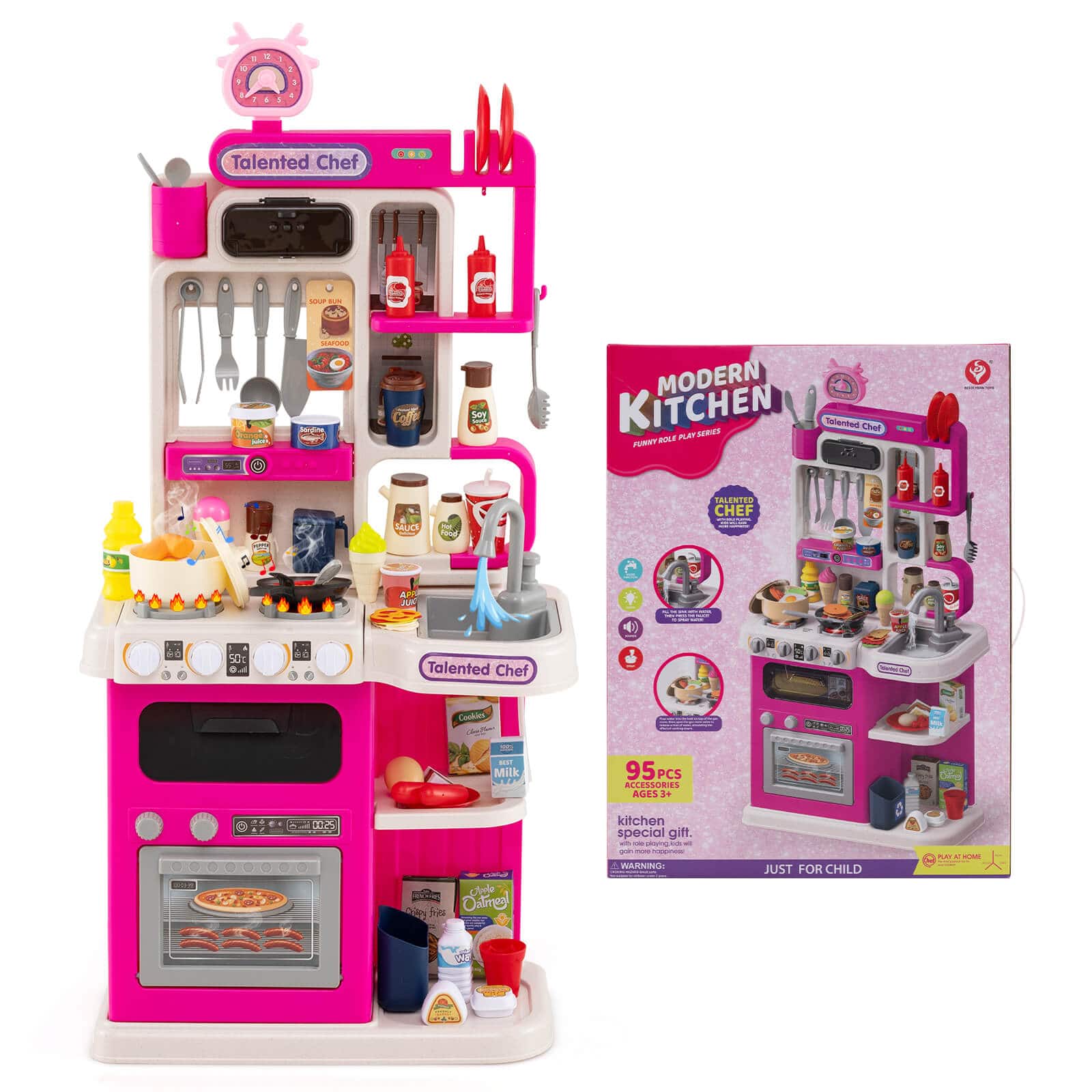 Costway - Kids Kitchen Playset with Realistic Sounds Lights Play Sink 95 PCS Accessories - Pink