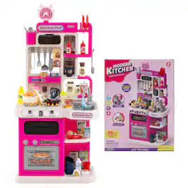 Costway - Kids Kitchen Playset with Realistic Sounds Lights Play Sink 95 PCS Accessories - Pink