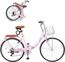 Winado - 26 Inch Foldable Bike Folding Bicycle, 7 Speed Beach Cruiser Bike with Lock, Comfort Back Seat, Foldable Basket & Ergono - Pink