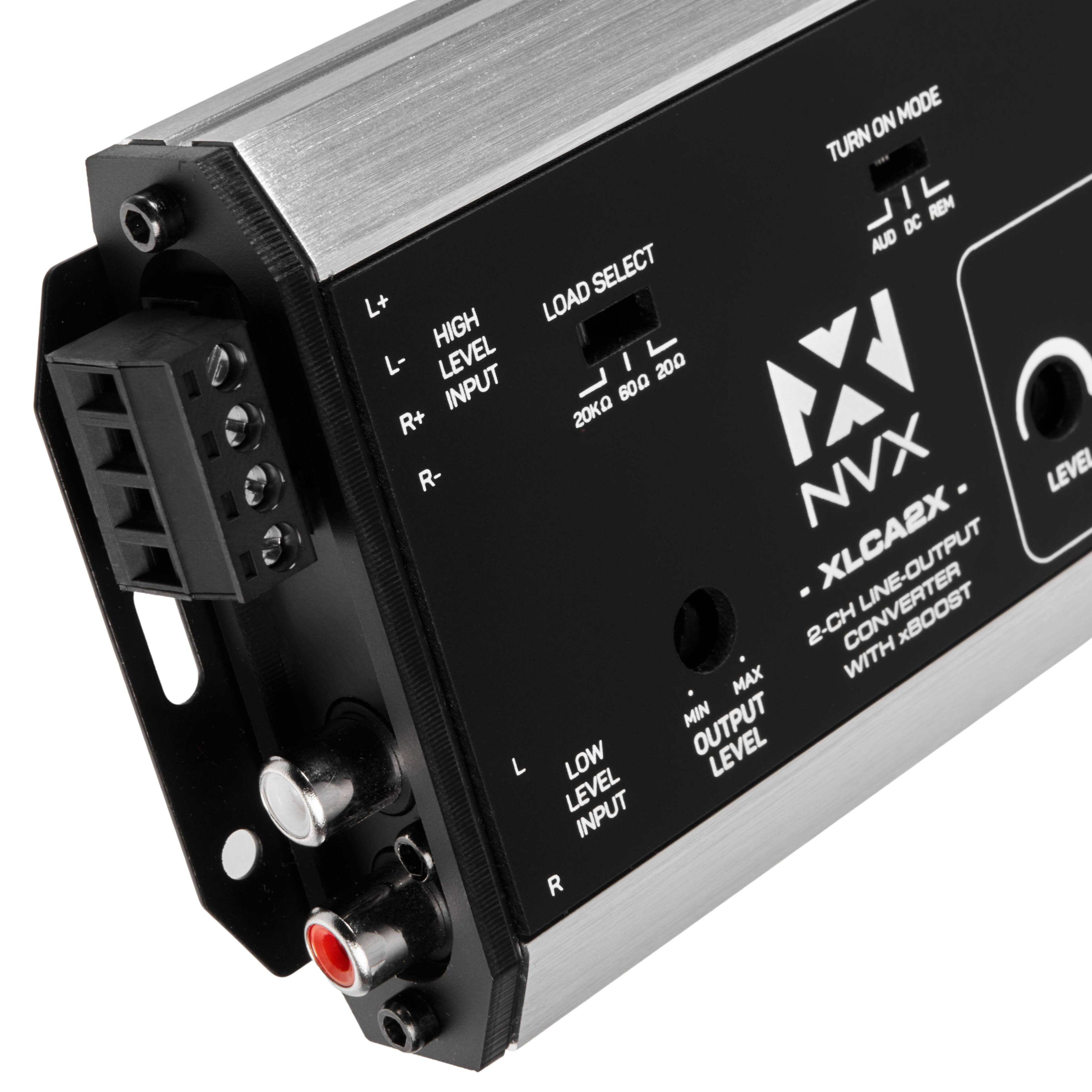 ON MODE TURN JIL I REM DC AUD SELECT L+ LOAD HIGH L- LEVEL I 200 IX INPUT 20KΩ 600 Ω R+ R- NVX LEVEL XLCA2X - 2-CH CONVERTER MAX WITH MIN OUTPUT L LOW LEVEL LEVEL INPUT R

- TURN ON MODE
- LOAD SELECT 20KΩ 600Ω 200Ω
- HIGH LEVEL INPUT
- LOW LEVEL INPUT
- OUTPUT LEVEL MIN MAX
- 2-CH LINE-OUT CONVERTER WITH XBOOST