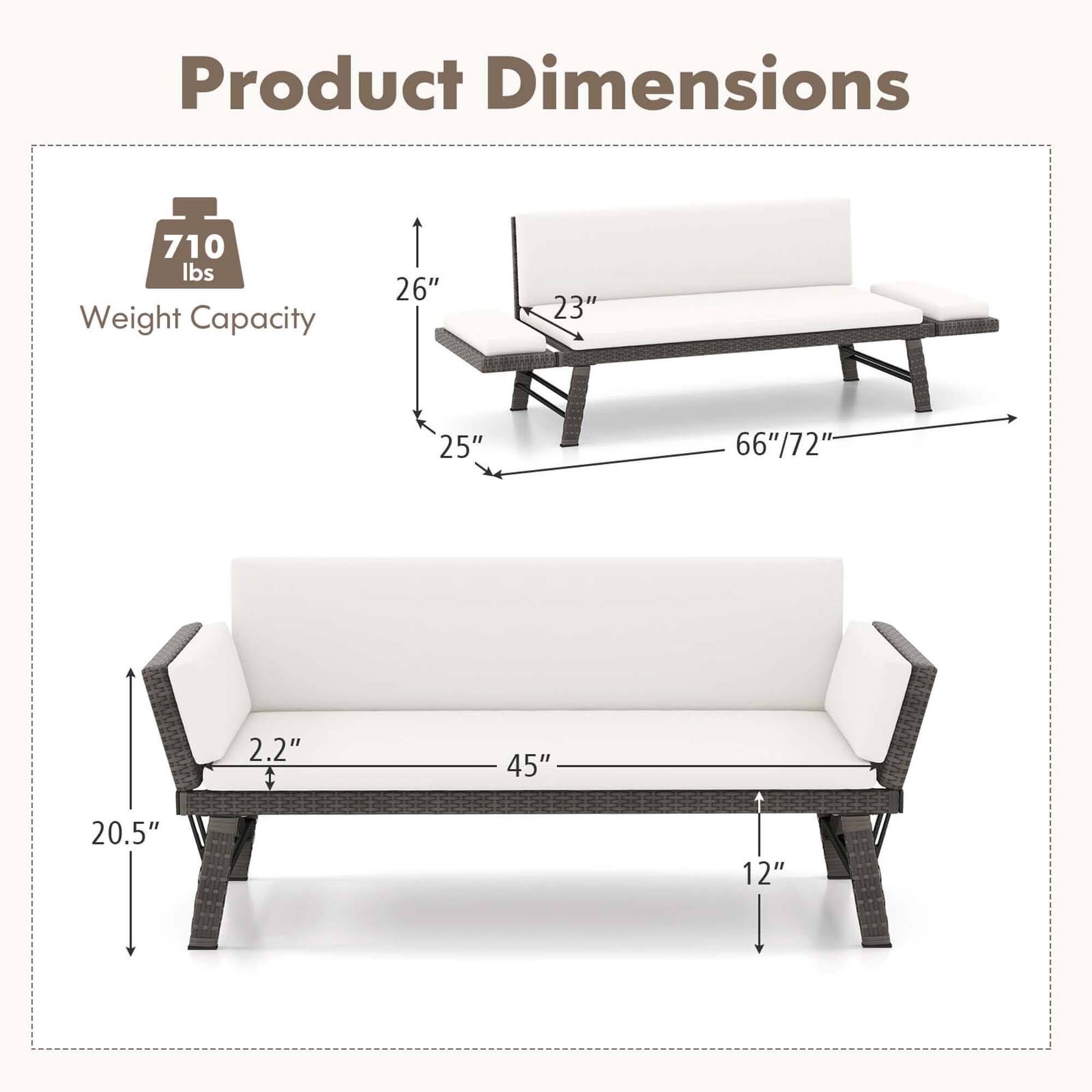 Product Dimensions: 26", 23", 25", 66"/72", 2.2", 45", 20.5", 12"

710 lbs Weight Capacity
