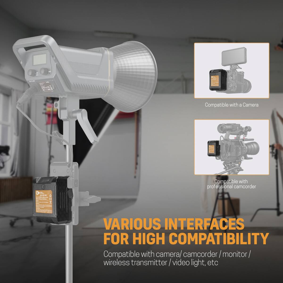 Compatible with a Camera

Sin. 20H 3000.20 20 BAS My CE

Compatible with professional camcorder

VARIOUS INTERFACES FOR HIGH COMPATIBILITY
Compatible with camera/camcorder/monitor/wireless transmitter/video light, etc