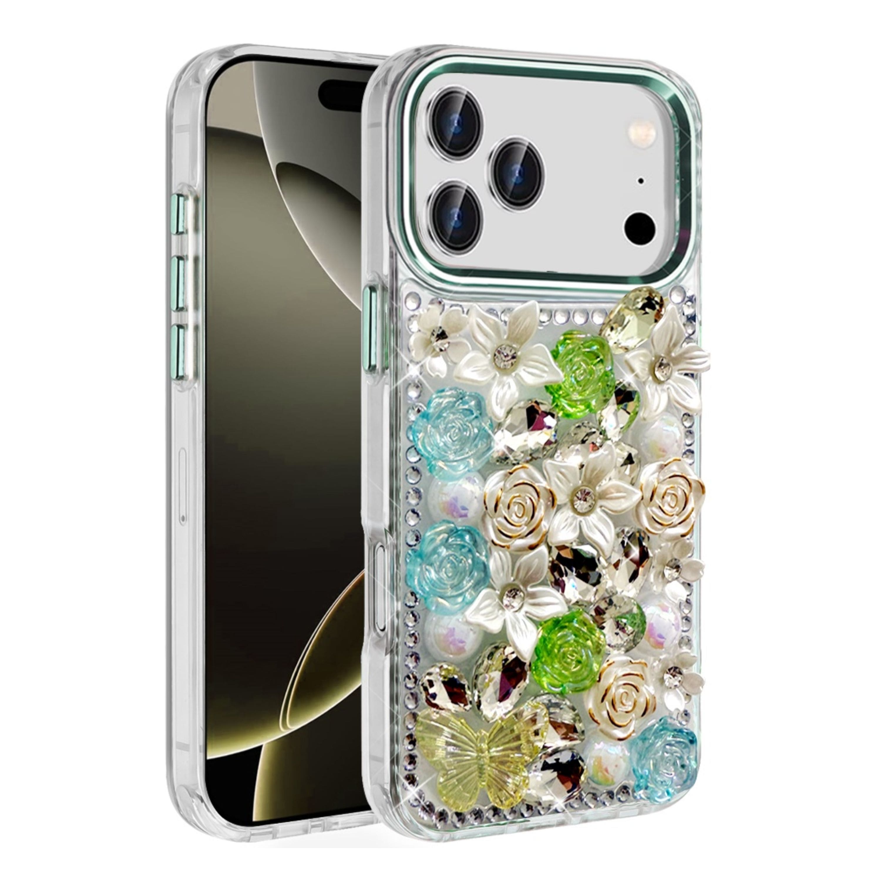 Kitcheniva - Full Floral 3D Bling Phone Case With Tempered Glass For iPhone 17 Pro Max - Green