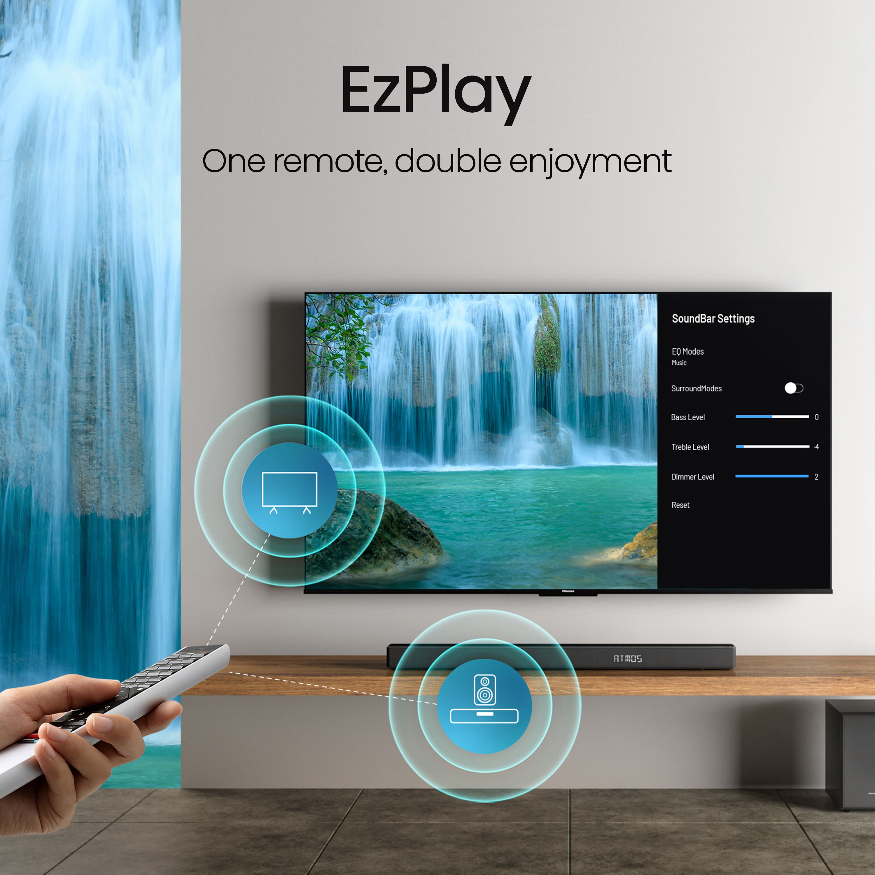 EzPlay: One remote, double enjoyment. SoundBar settings. E0 Hodes Rasic SurroundModes Sass Level: Treble, Bass, Dialogue, Loudness, 1 Reset.