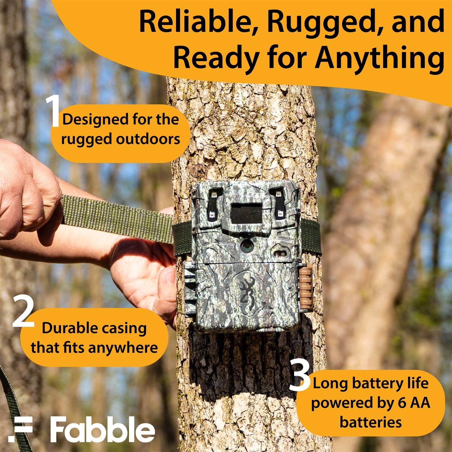 Reliable, Rugged, and Ready for Anything

1. Designed for the rugged outdoors

2. Durable casing that fits anywhere

3. Long battery life powered by 6 AA batteries

Fabble