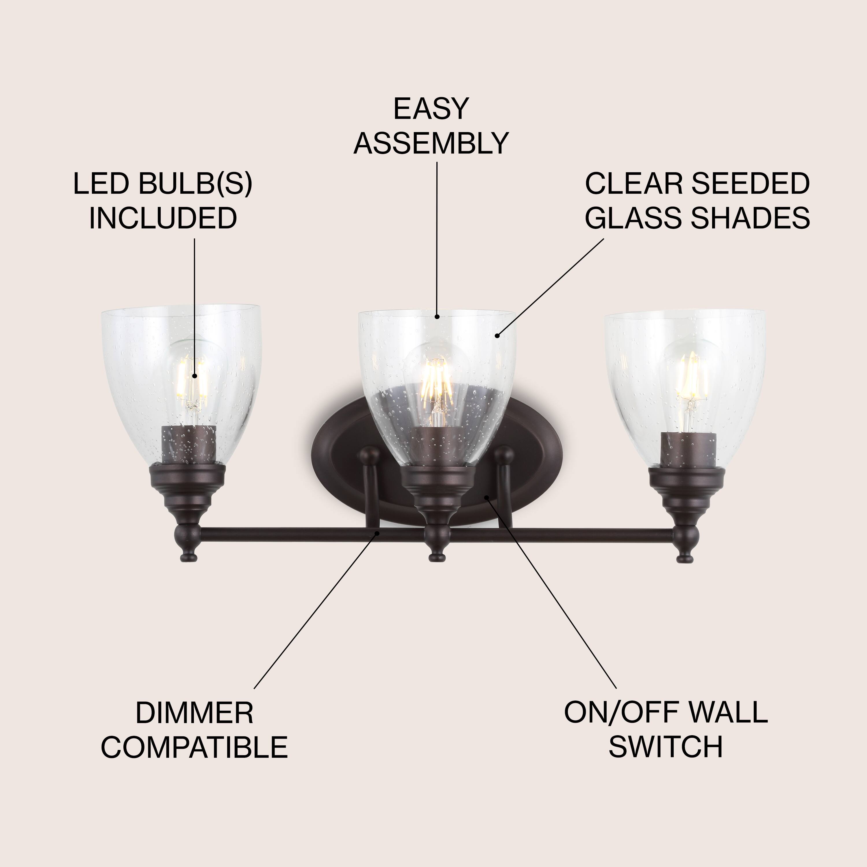 LED BULB(S) INCLUDED  
EASY ASSEMBLY  
CLEAR SEEDED GLASS SHADES  
DIMMER COMPATIBLE  
ON/OFF WALL SWITCH