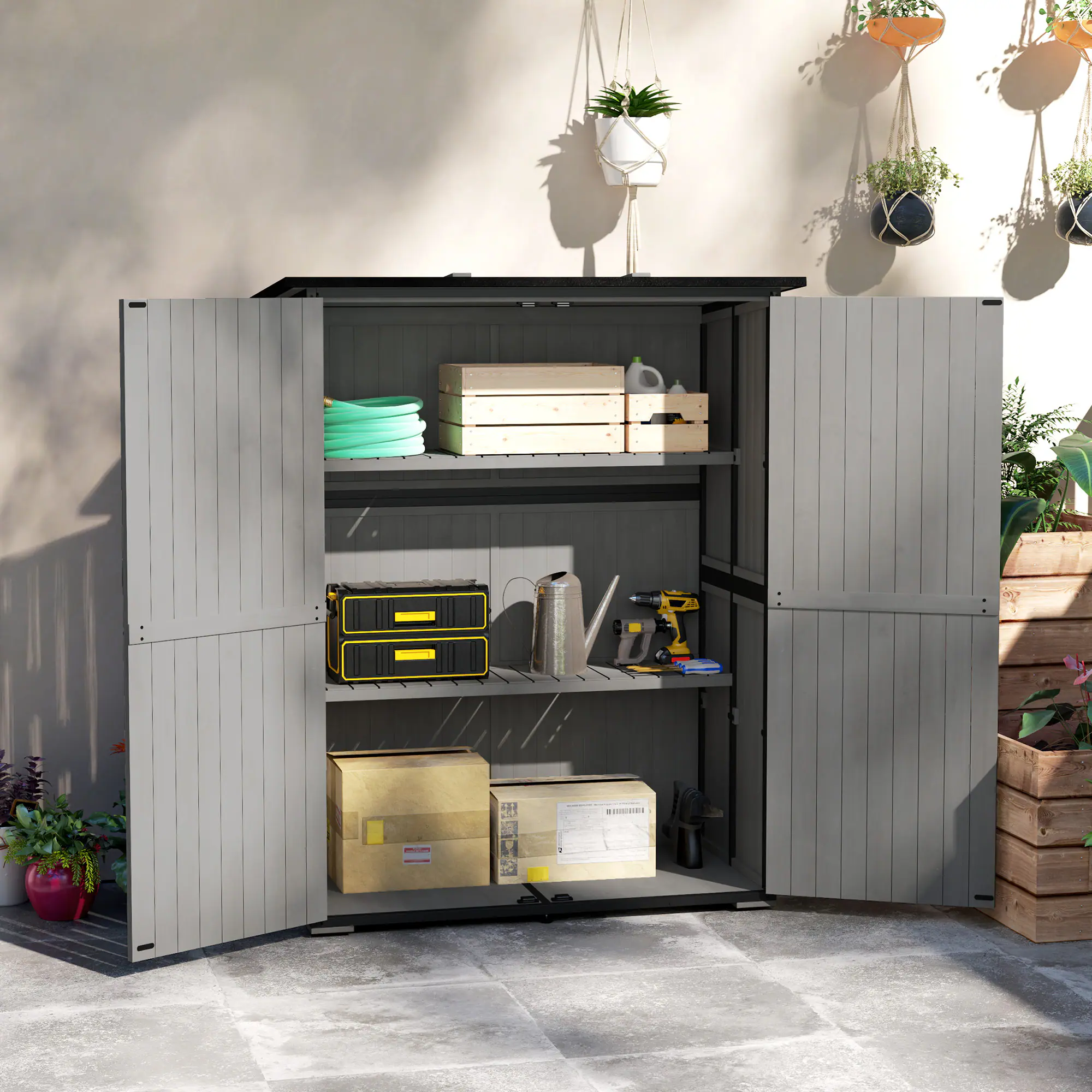 Alt View 1. Outsunny - Outdoor Storage Cabinet, Wood Garden Tool Shed with Steel Frame and Asphalt Roof, Garden Storage Shed with 2 Shelves.