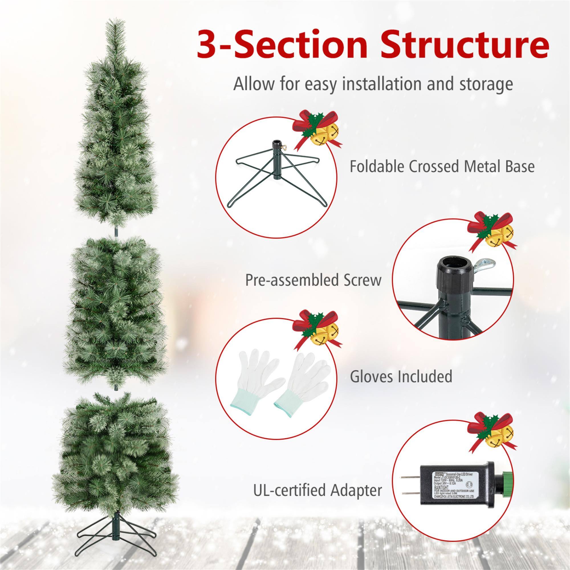 3-Section Structure  
Allow for easy installation and storage  
Foldable Crossed Metal Base  
Pre-assembled Screw  
Gloves Included  
UL-certified Adapter