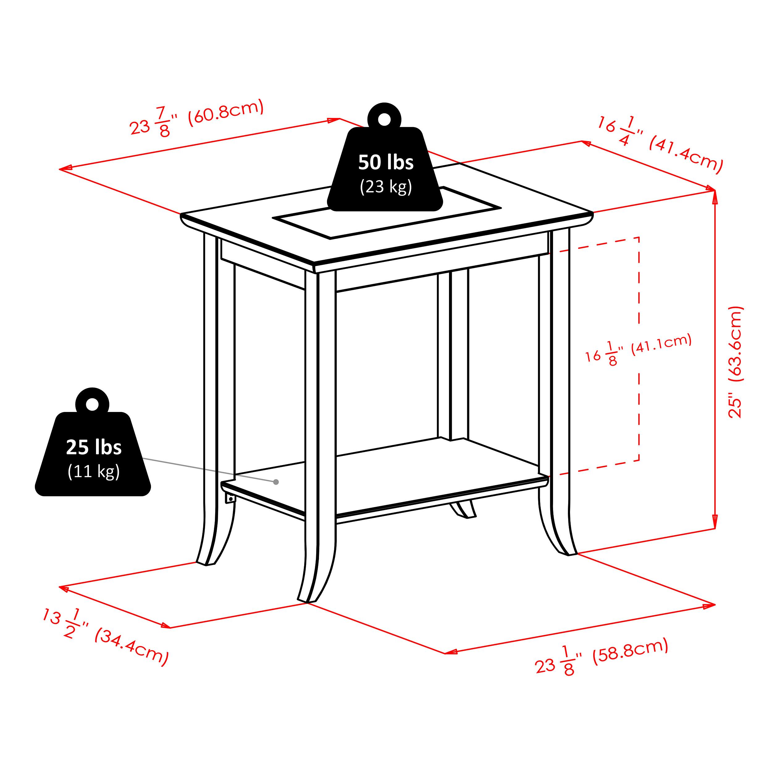 23 7/8" (60.8cm)  
50 lbs (23 kg)  
16 1/4" (41.4cm)  
25 lbs (11 kg)  
16 1/8" (41.1cm)  
25" (63.6cm)  
13 1/2" (34.4cm)  
23 7/8" (58.8cm)