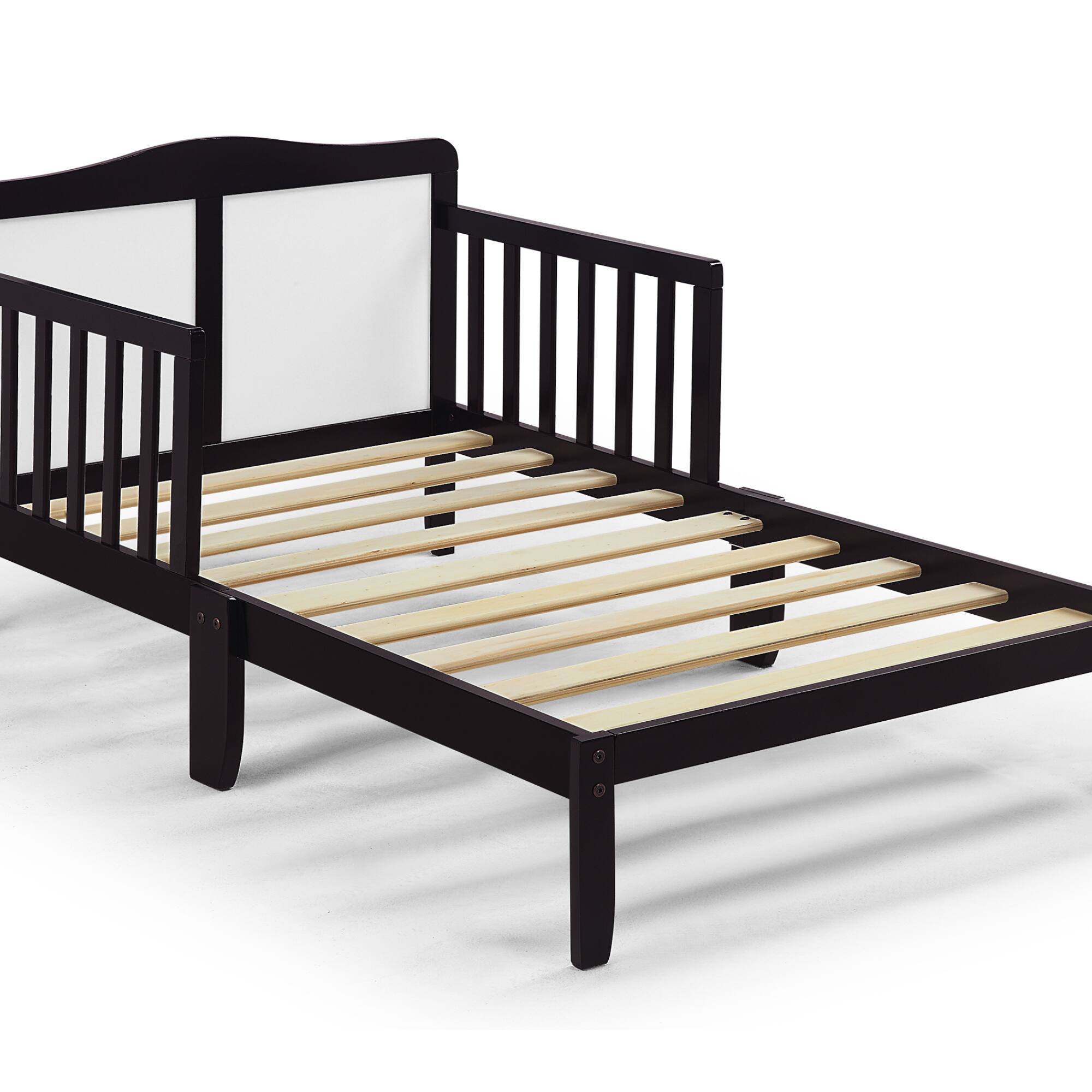 Angle. GOODSILO - Solid Wood Toddler Bed with Safety Rails and Low-Profile Design for Secure Sleeping Environment - Espresso.