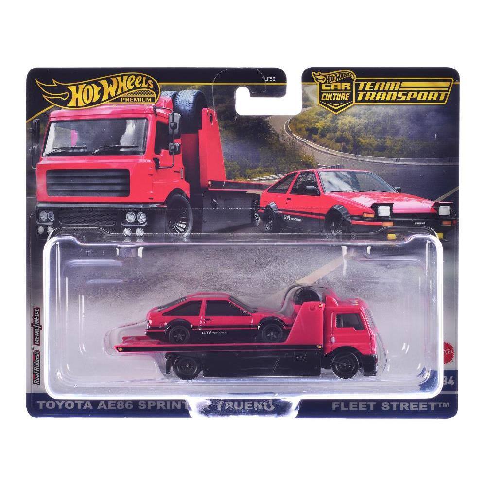 Sure, here is the corrected and grouped text from the image:

---

**Hot Wheels Premium**

**PLF56**

**Car Culture Team Transport**

**Real Riders**

**Toyota AE86 Sprint Trueno**

**Fleet Street™**

**TEL 84**

---

This text is organized based on the layout and design elements visible in the image.