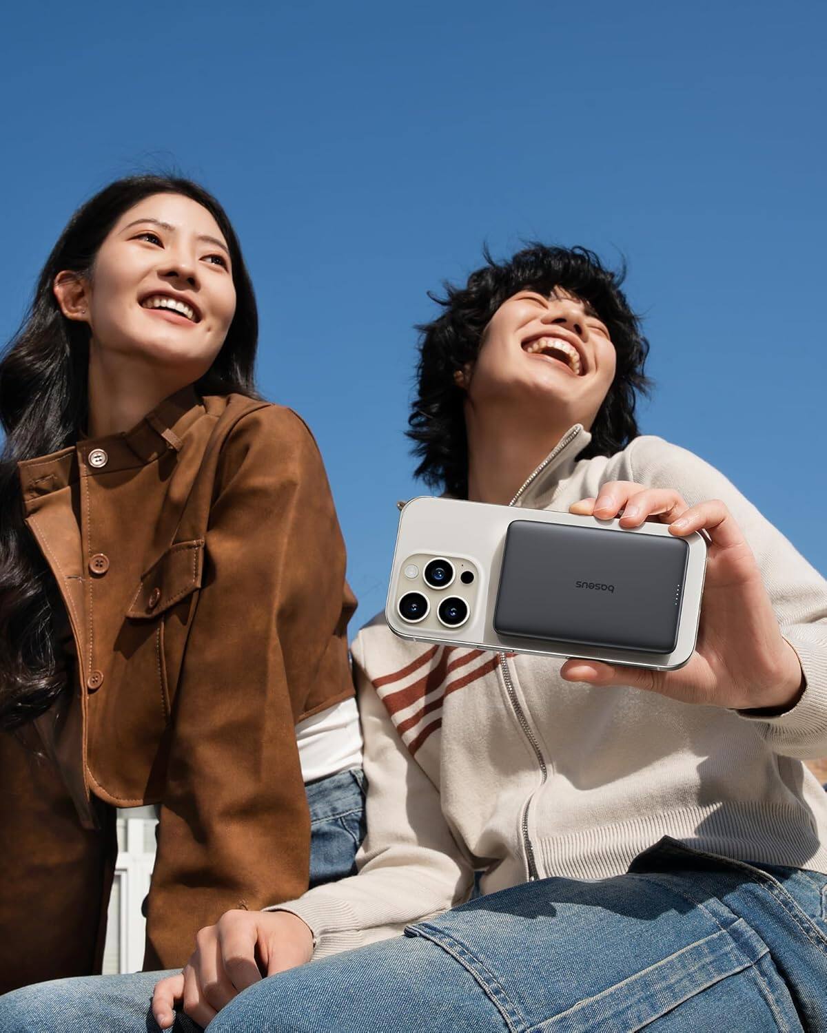 Alt View 5. Baseus - Baseus Picogo 5000mAh Ultra-Slim MagSafe Power Bank, Card-Size Wireless Charger with USB-C Braided Cable,Black - Black.