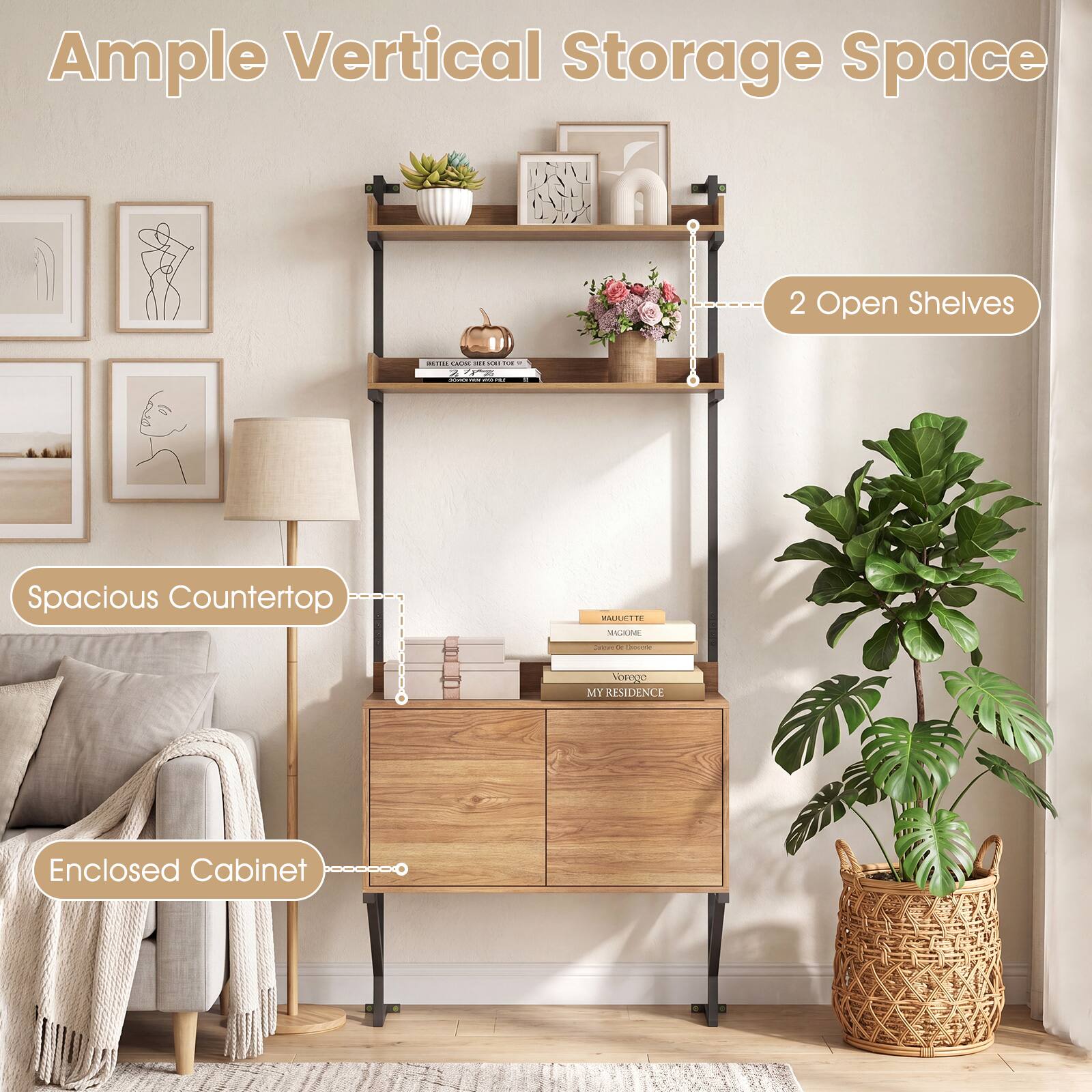 Ample Vertical Storage Space

2 Open Shelves

Spacious Countertop

Enclosed Cabinet