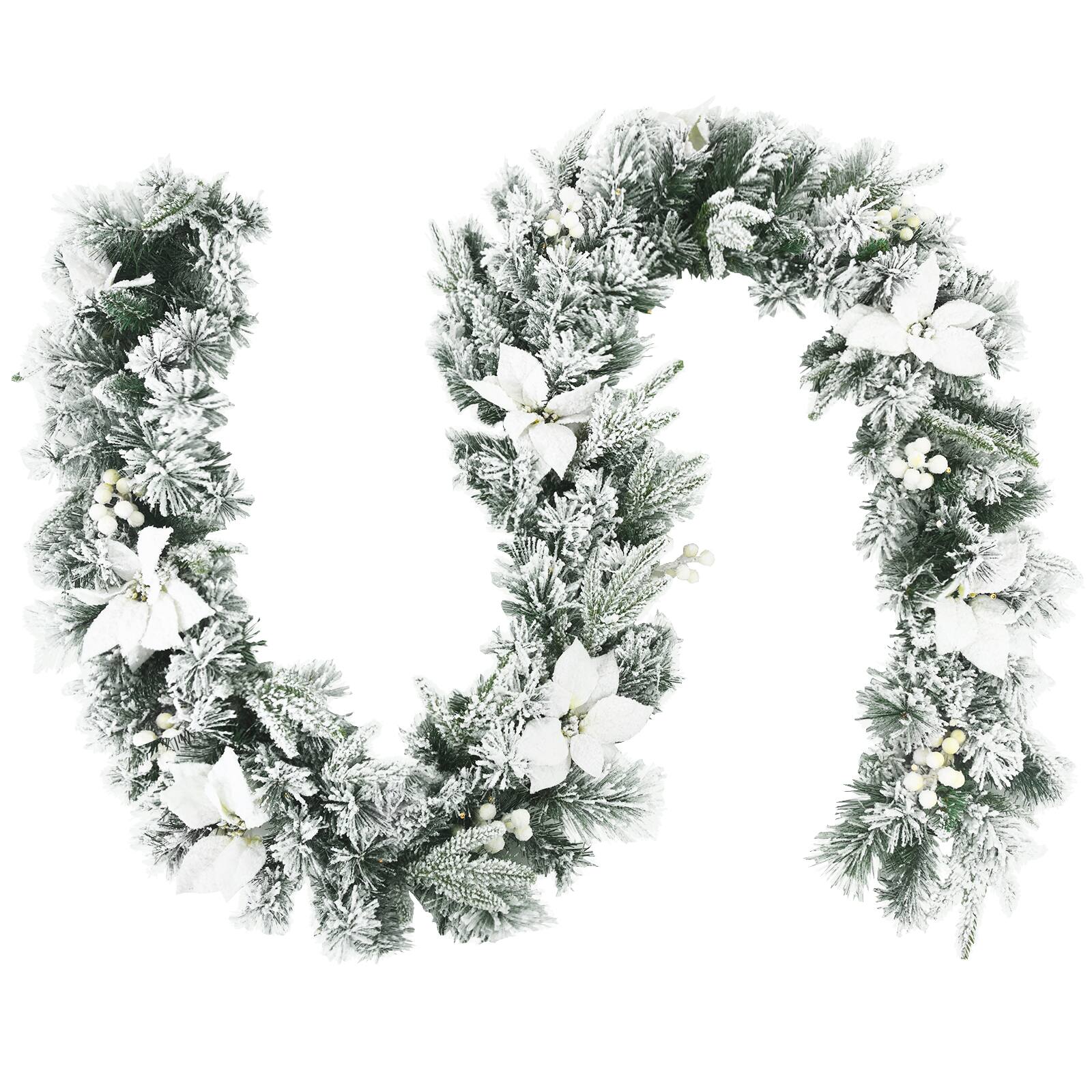 Alt View 20. Costway - 9ft Pre-lit Snowy Christmas Garland w/ Berries Poinsettia Flowers Timer - White.