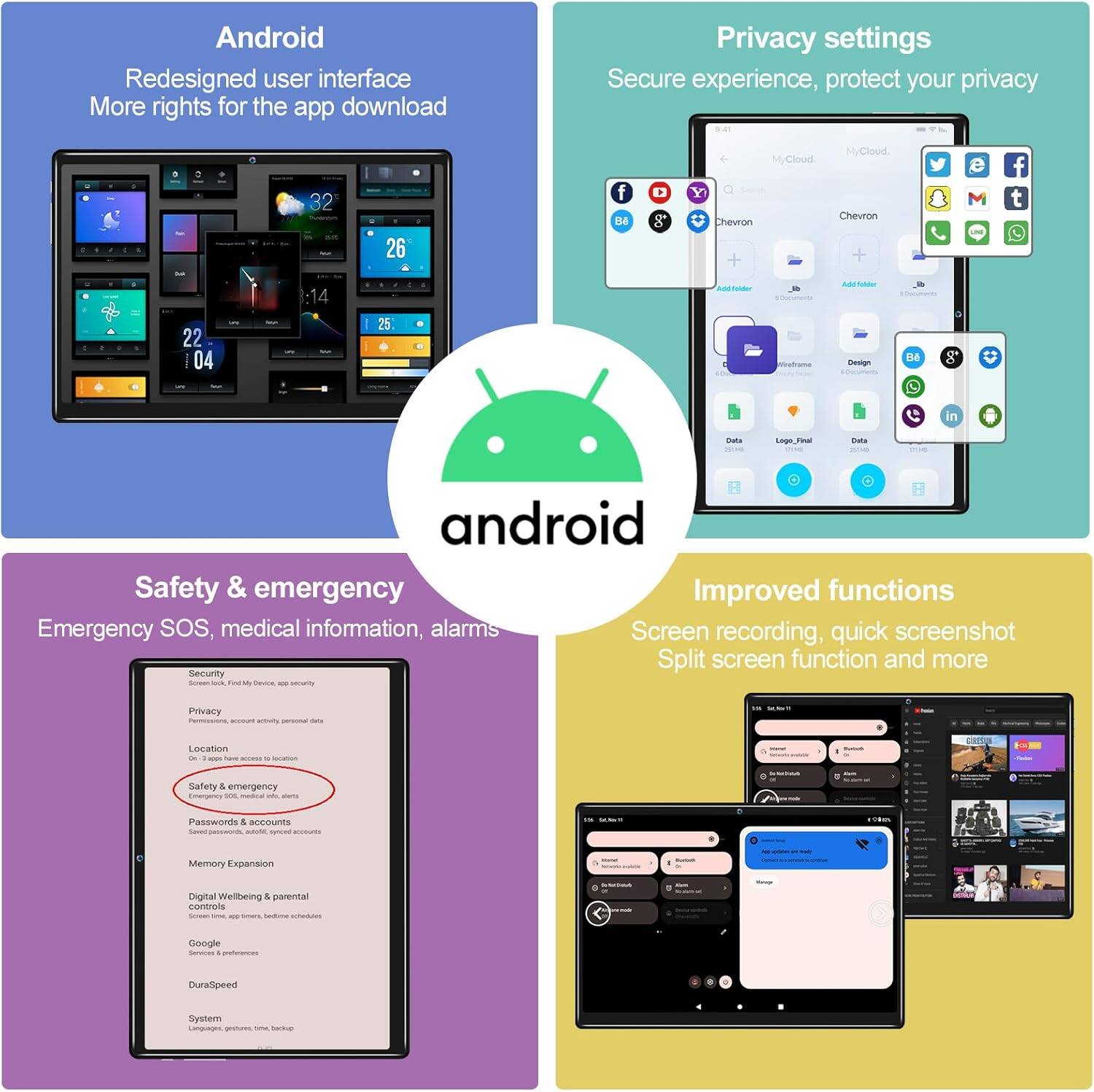 Android  
Redesigned user interface  
More rights for the app download  

Privacy settings  
Secure experience, protect your privacy  

Safety & emergency  
Emergency SOS, medical information, alarms  

Improved functions  
Screen recording, quick screenshot  
Split screen function and more  

Security  
Privacy  
Location  
Safety & emergency  
Passwords & accounts  
Memory Expansion  
Digital Wellbeing & parental controls  
Google  
DuraSpeed  
System