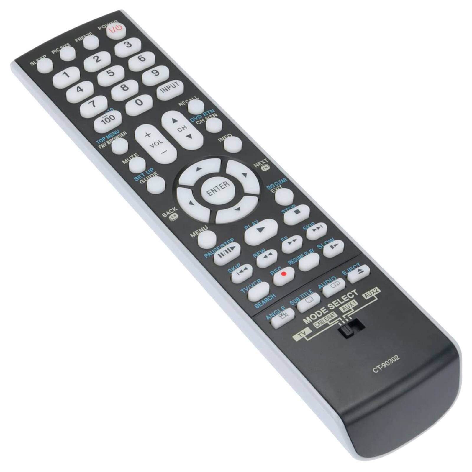POWER FREEZE 3 PIC SIZE SLEEP 2 6 1 5 9 4 8 INPUT 7 0 RECALL DVD RTN BTN 100 CH CH TOP MENU BROWSER + INFO FAV VOL - MUTE NEXT UP SET GUIDE ENTER DVD CLEAR EXIT BACK STOP MENU PLAY SKIP FF PAUSE/STEP 11/11 REW RESUME PLAY SKIP REC EJECT TV/VCR AUDIO AUX2 SEARCH SUB TITLE SELECT ANGLE E AUX1 PS4 MODE CABLE/SAT CABL TV CT-90302