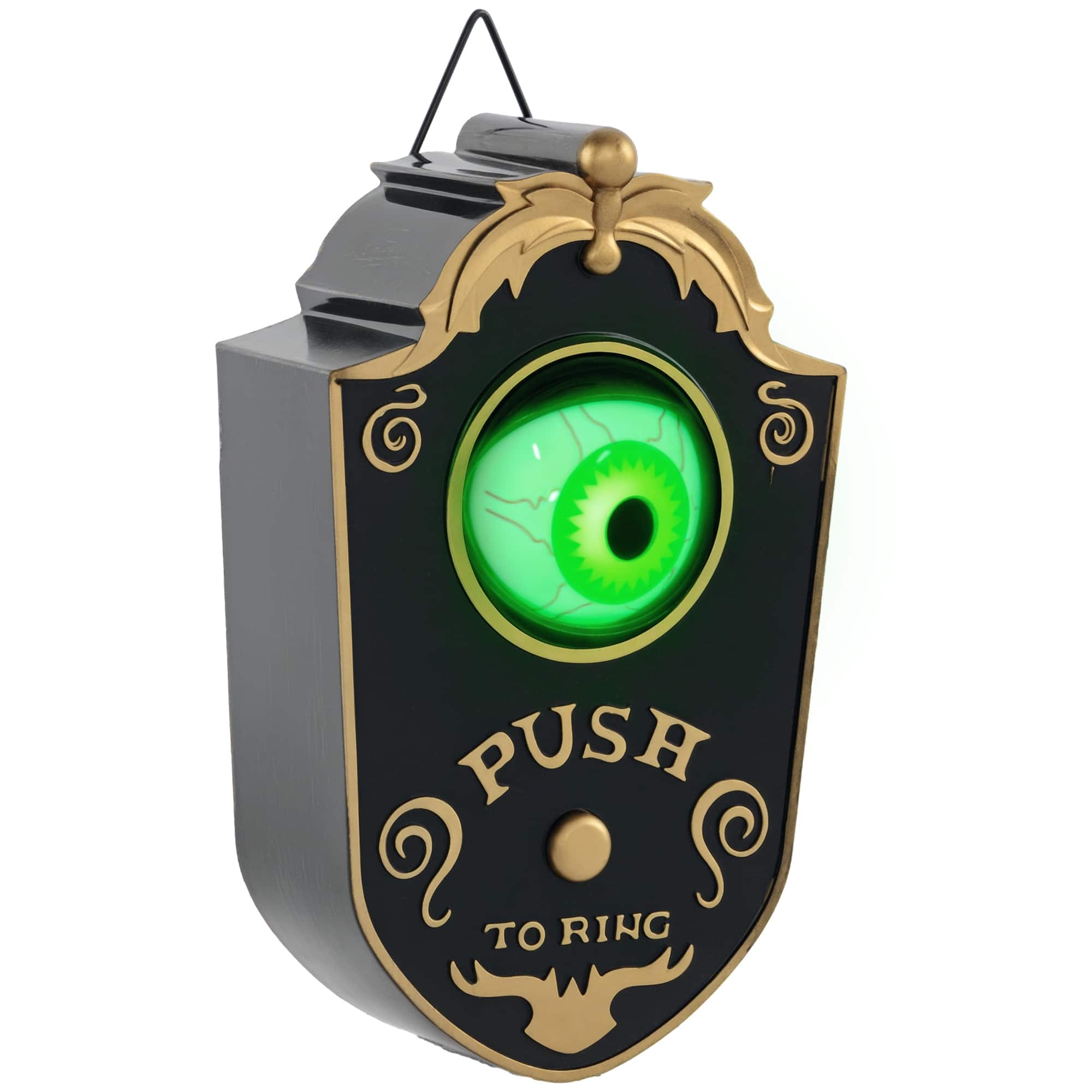Homcom - Halloween Animatronic Doorbell with Light-up Eyeball, Sound and Motion Activated Animated Prop with Doorbell Sound - Black and Gold Tone
